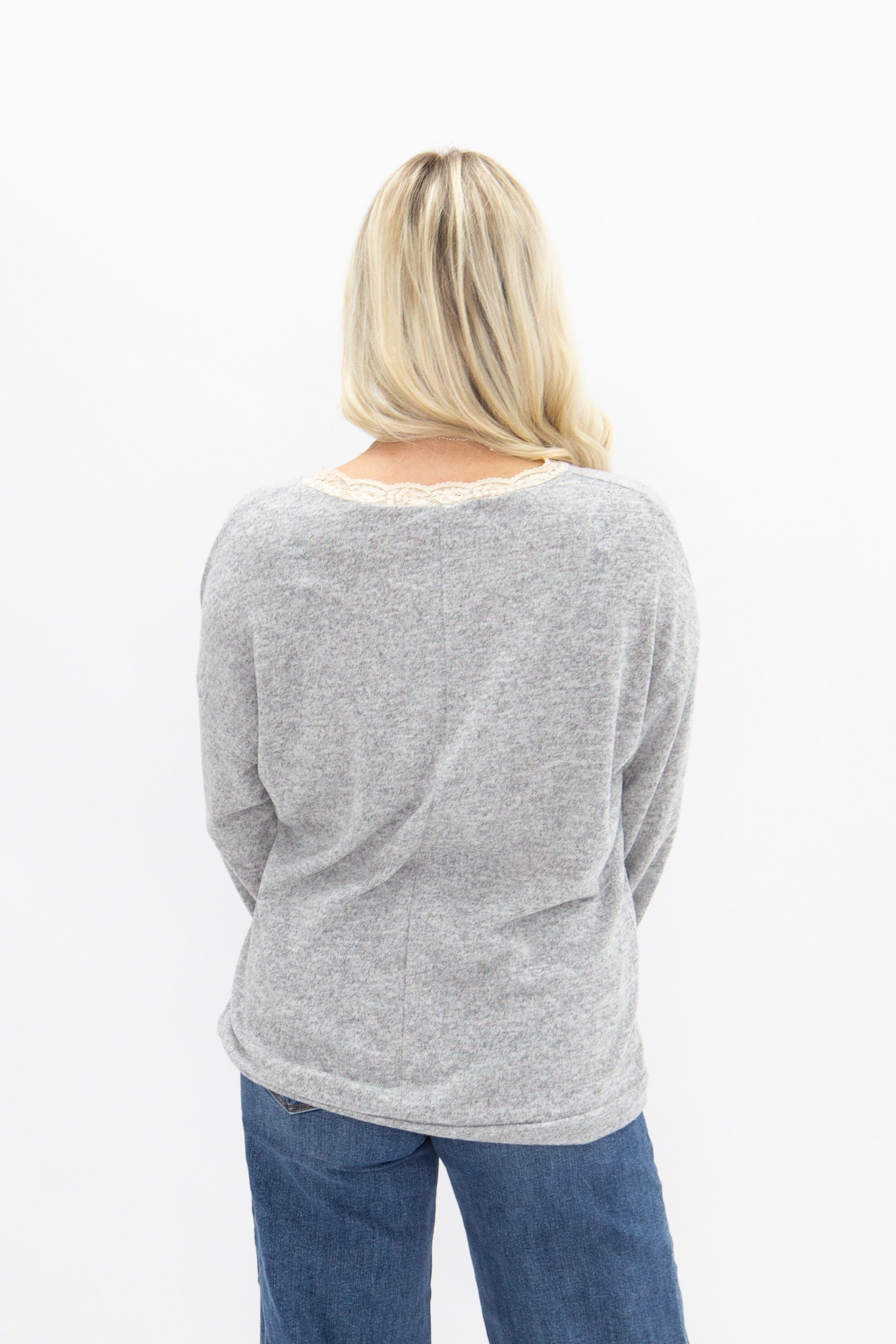 Women's Grey Lace Trim V-Neck Top | Oversized Fit | High Stretch | 96% Polyester