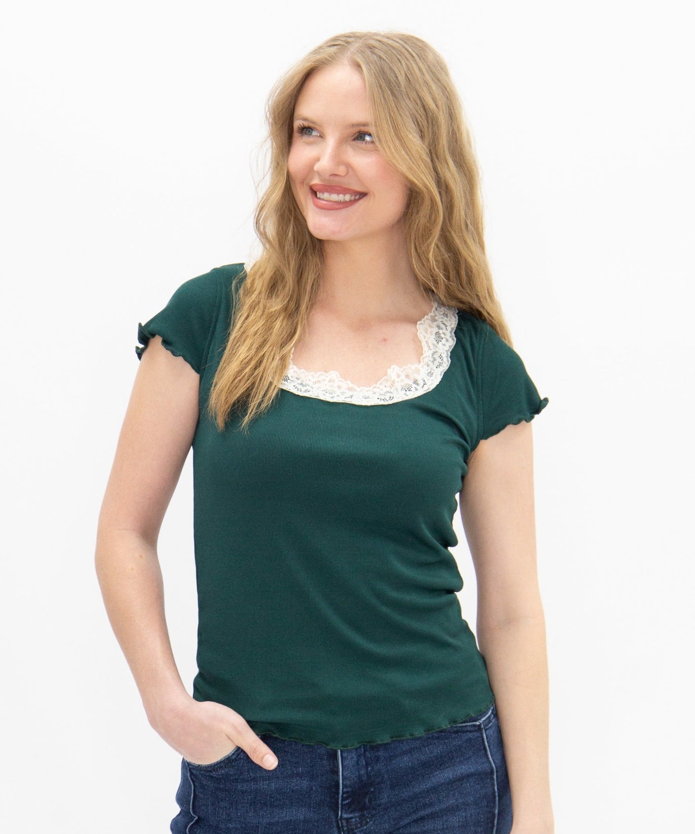 Women's Forest Green Square Neck Lace Trim Tee | Fitted | Lettuce Edge | High Stretch