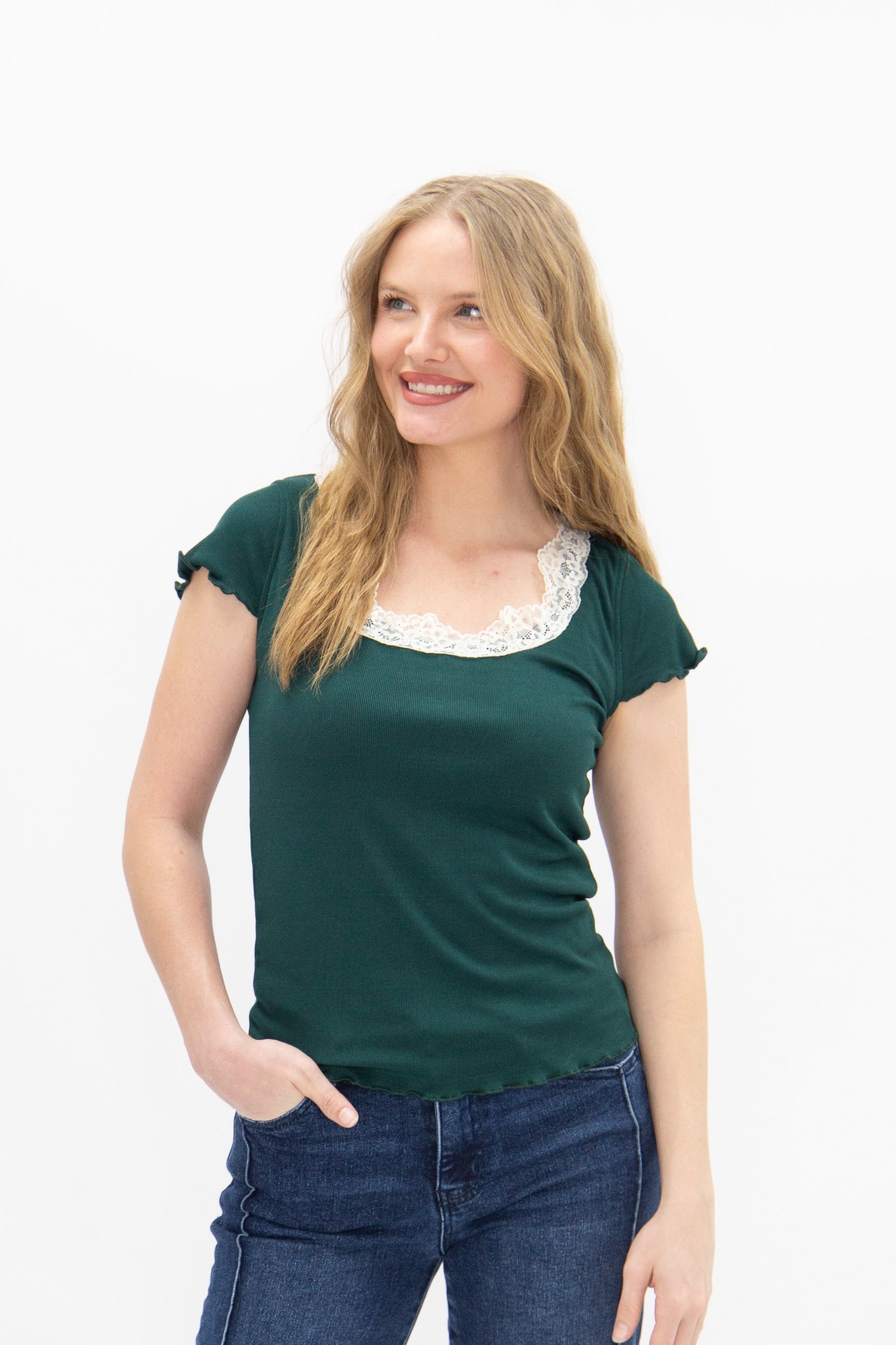 Women's Forest Green Square Neck Lace Trim Tee | Fitted | Lettuce Edge | High Stretch