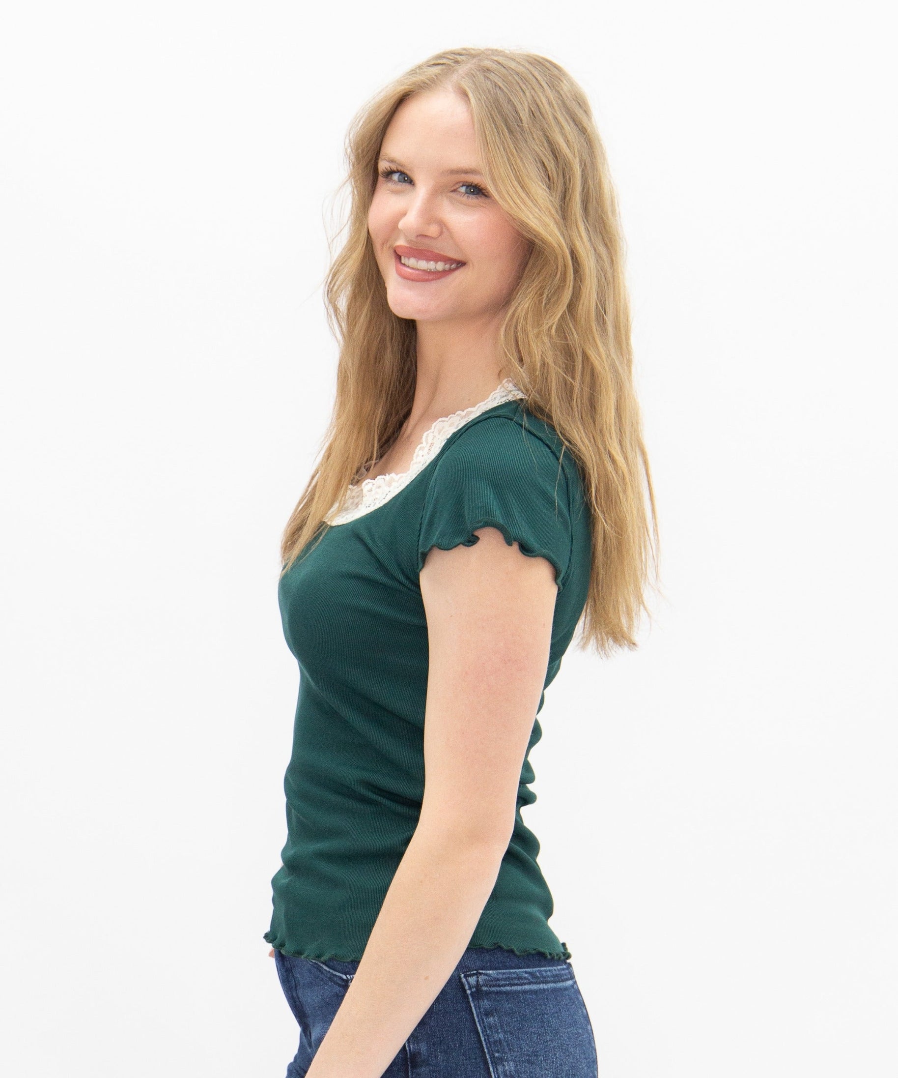Women's Forest Green Square Neck Lace Trim Tee | Fitted | Lettuce Edge | High Stretch