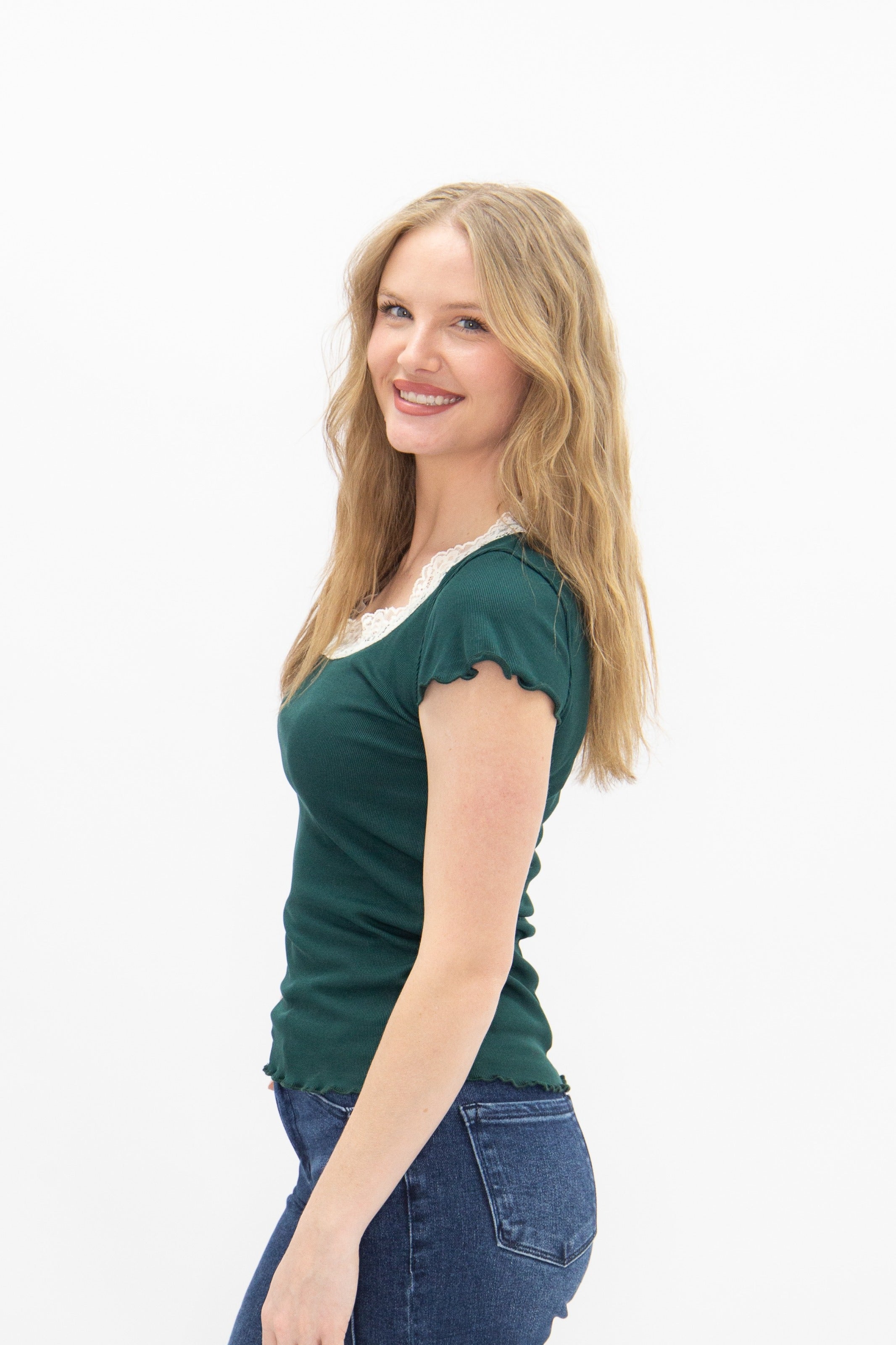 Women's Forest Green Square Neck Lace Trim Tee | Fitted | Lettuce Edge | High Stretch