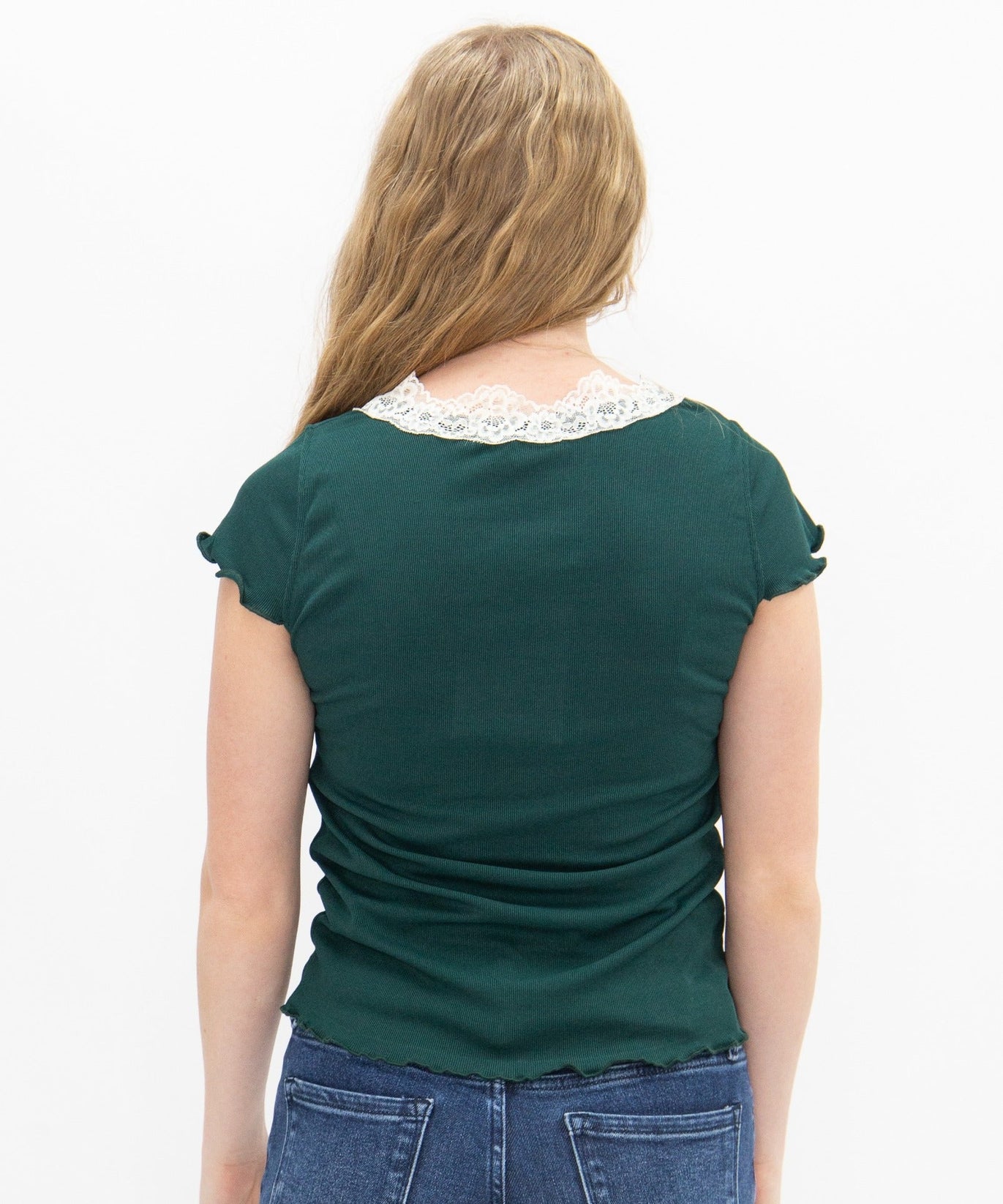 Women's Forest Green Square Neck Lace Trim Tee | Fitted | Lettuce Edge | High Stretch