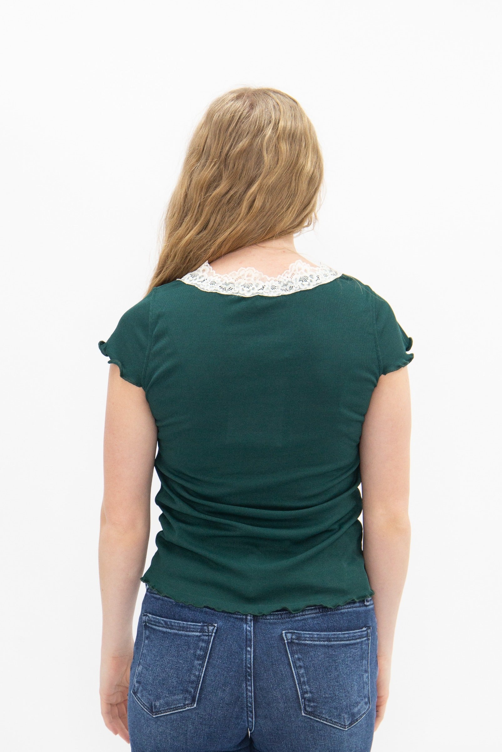 Women's Forest Green Square Neck Lace Trim Tee | Fitted | Lettuce Edge | High Stretch