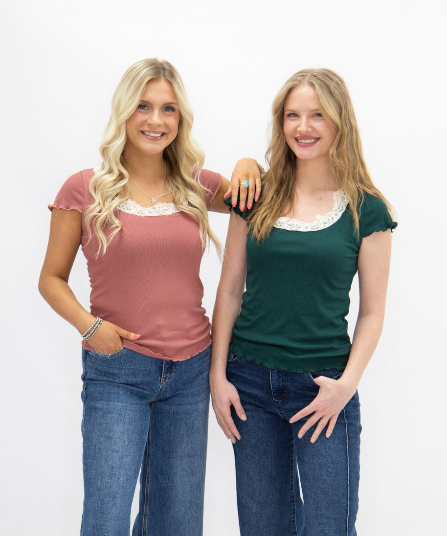 Women's Forest Green Square Neck Lace Trim Tee | Fitted | Lettuce Edge | High Stretch