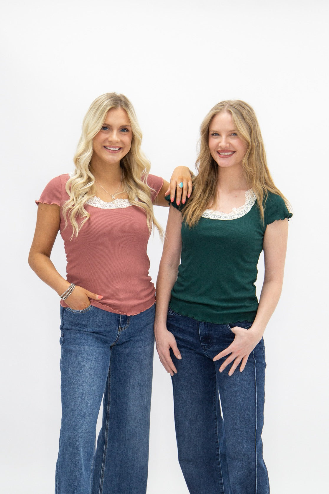 Women's Forest Green Square Neck Lace Trim Tee | Fitted | Lettuce Edge | High Stretch