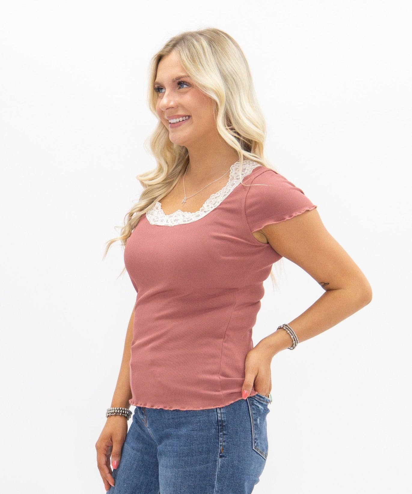 Women's Mauve Square Neck Lace Trim Tee | Fitted Silhouette | Lettuce Edge | High Stretch