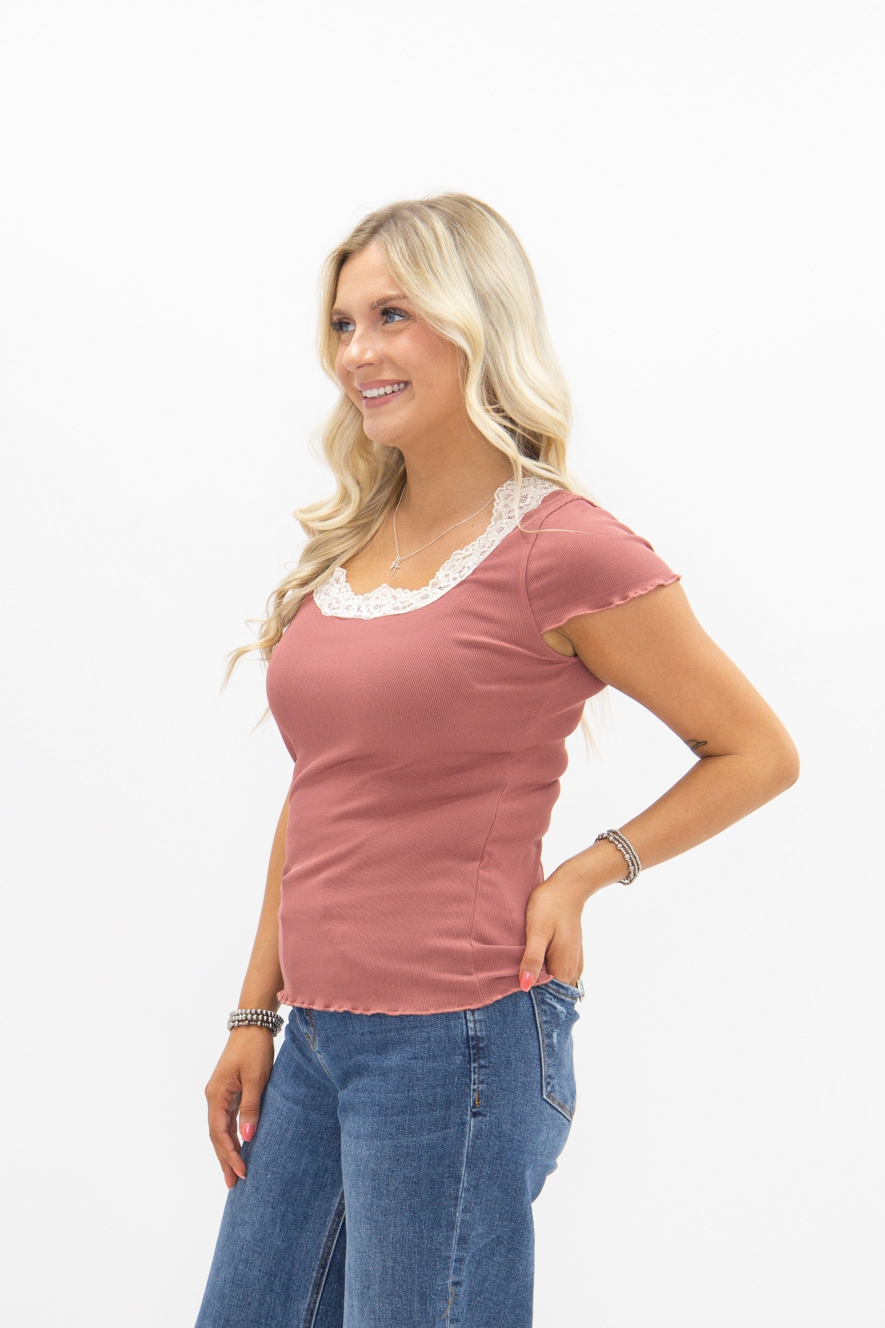 Women's Mauve Square Neck Lace Trim Tee | Fitted Silhouette | Lettuce Edge | High Stretch