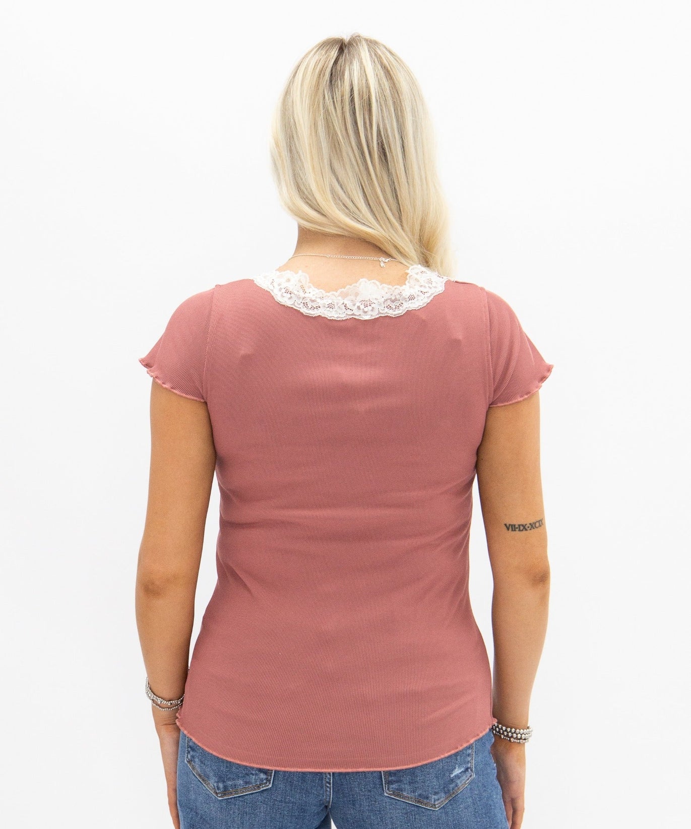 Women's Mauve Square Neck Lace Trim Tee | Fitted Silhouette | Lettuce Edge | High Stretch