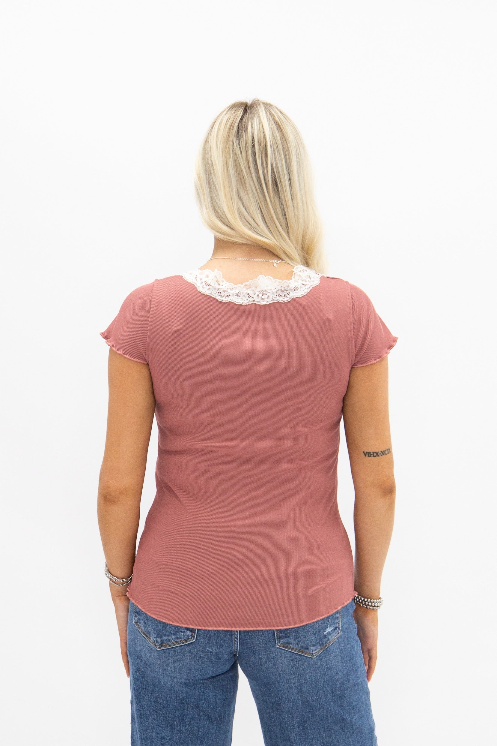 Women's Mauve Square Neck Lace Trim Tee | Fitted Silhouette | Lettuce Edge | High Stretch