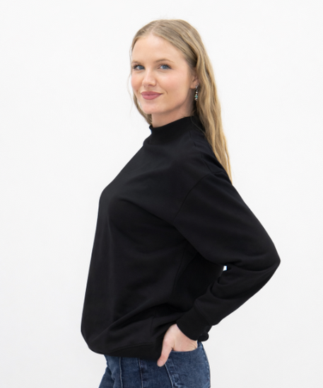 Women's Black Mock Neck Pullover Sweatshirt | Relaxed Fit | Ribbed Cuffs | 60% Cotton