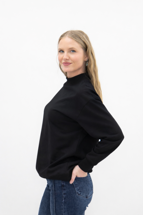 Women's Black Mock Neck Pullover Sweatshirt | Relaxed Fit | Ribbed Cuffs | 60% Cotton
