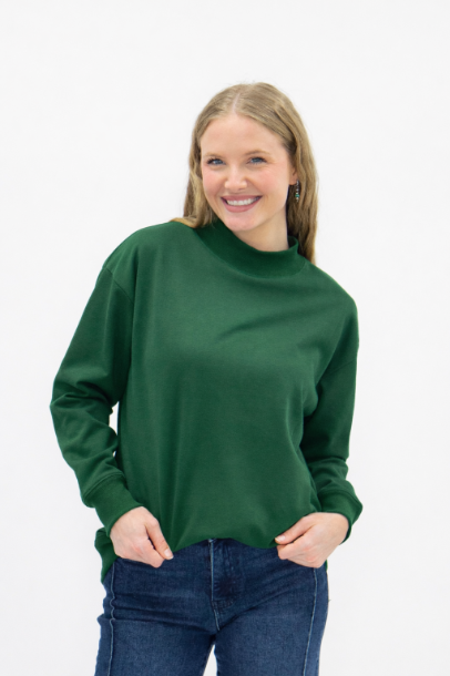 Women's Forest Green Mock Neck Pullover Sweatshirt | Relaxed Fit | Ribbed Cuffs | 60% Cotton