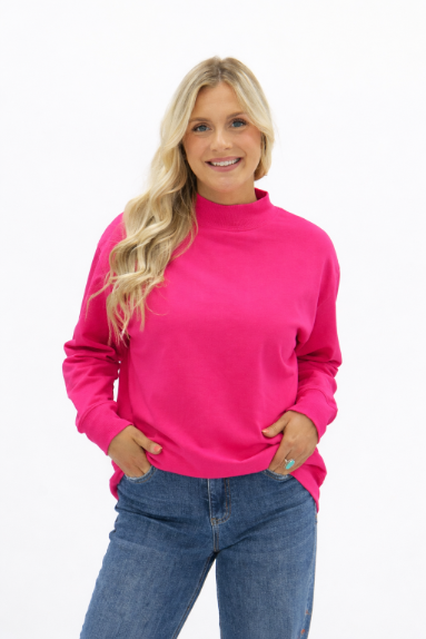 Women's Hot Pink Mock Neck Pullover Sweatshirt | Relaxed Fit | Ribbed Cuffs | 60% Cotton