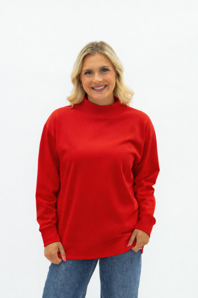 Women's Red Mock Neck Pullover Sweatshirt | Relaxed Fit | Ribbed Cuffs | 60% Cotton