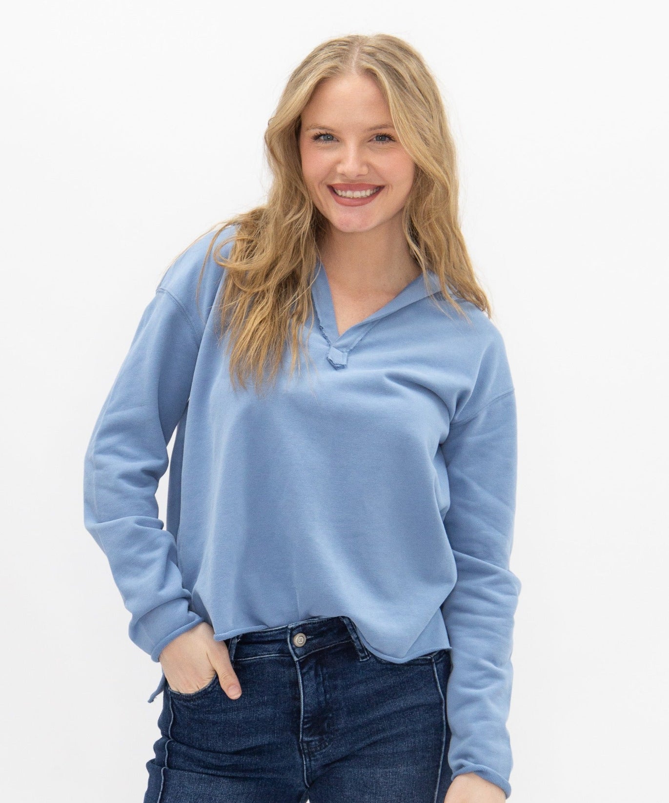 Women's Blue V-Neck Collared Pullover Top | Relaxed Fit | Long Sleeve | 87% Cotton