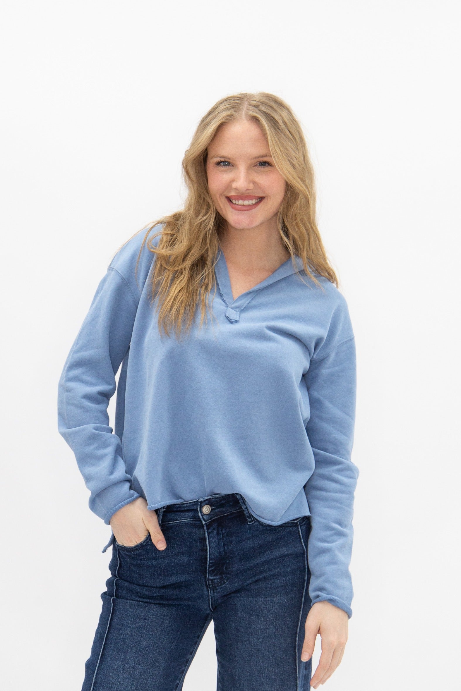 Women's Blue V-Neck Collared Pullover Top | Relaxed Fit | Long Sleeve | 87% Cotton