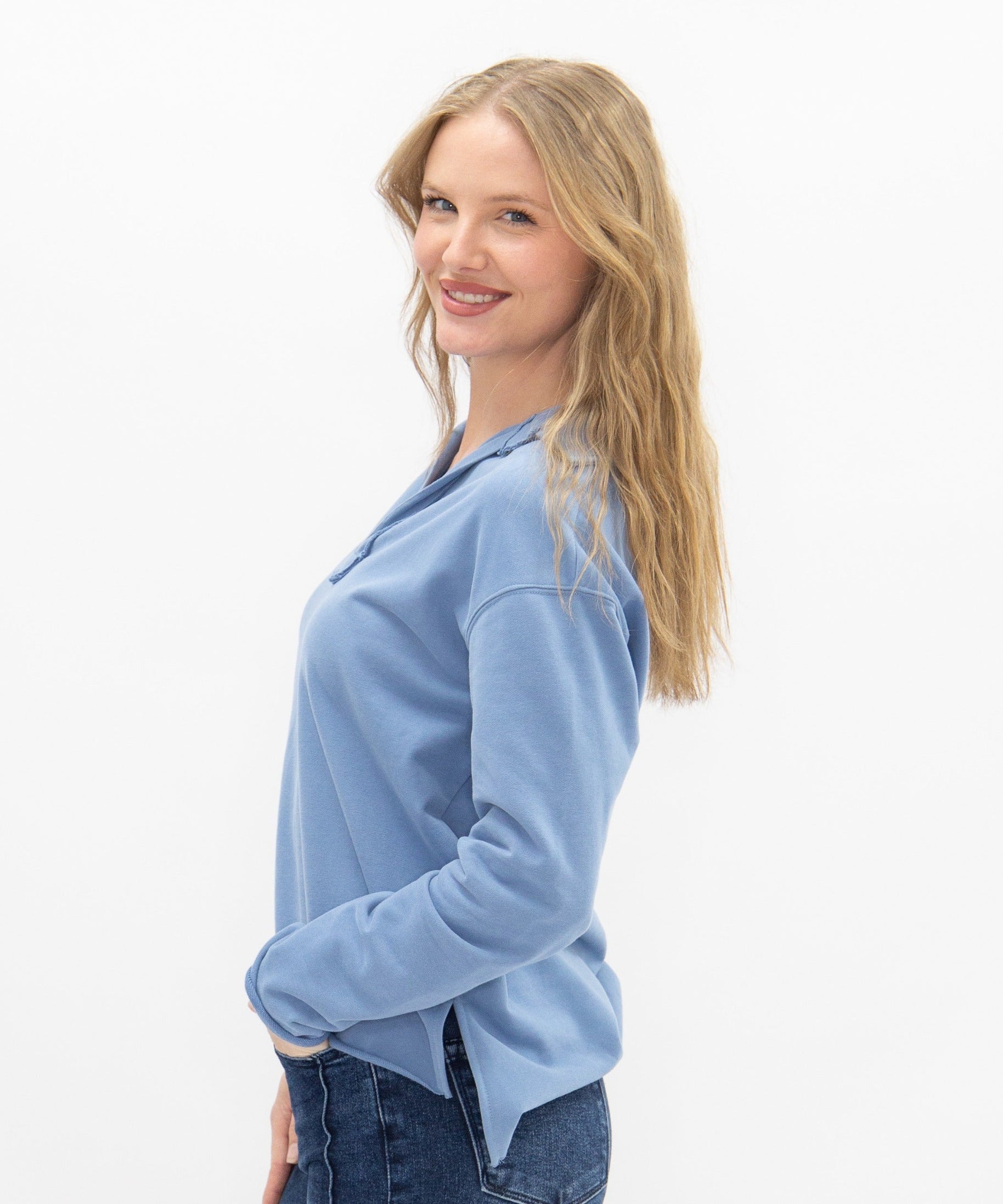 Women's Blue V-Neck Collared Pullover Top | Relaxed Fit | Long Sleeve | 87% Cotton