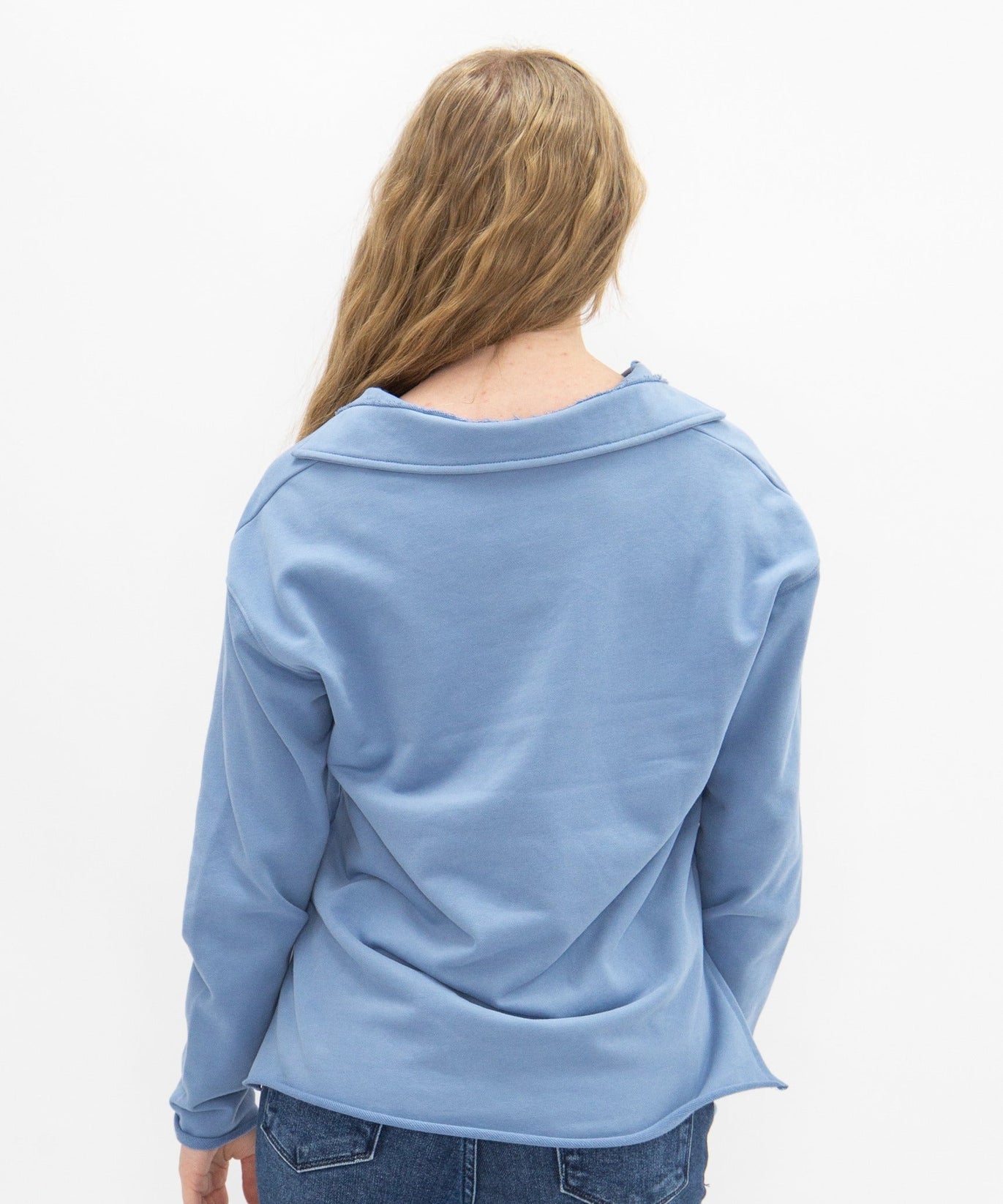 Women's Blue V-Neck Collared Pullover Top | Relaxed Fit | Long Sleeve | 87% Cotton