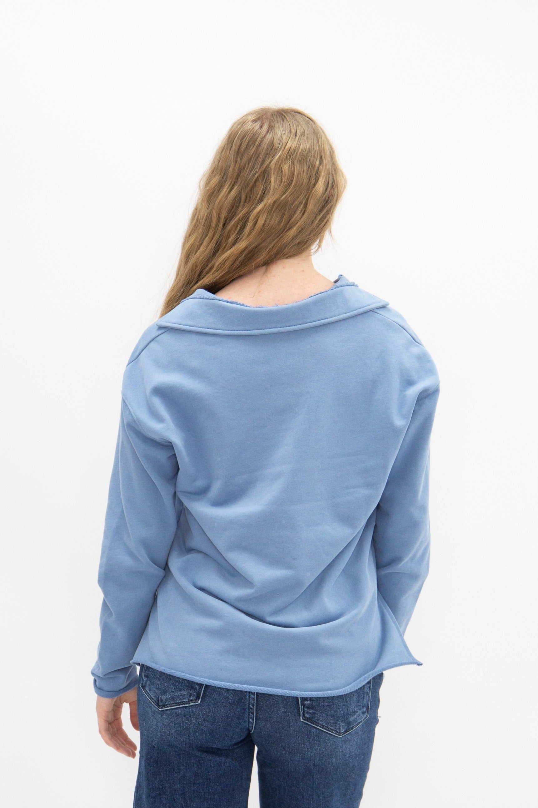 Women's Blue V-Neck Collared Pullover Top | Relaxed Fit | Long Sleeve | 87% Cotton