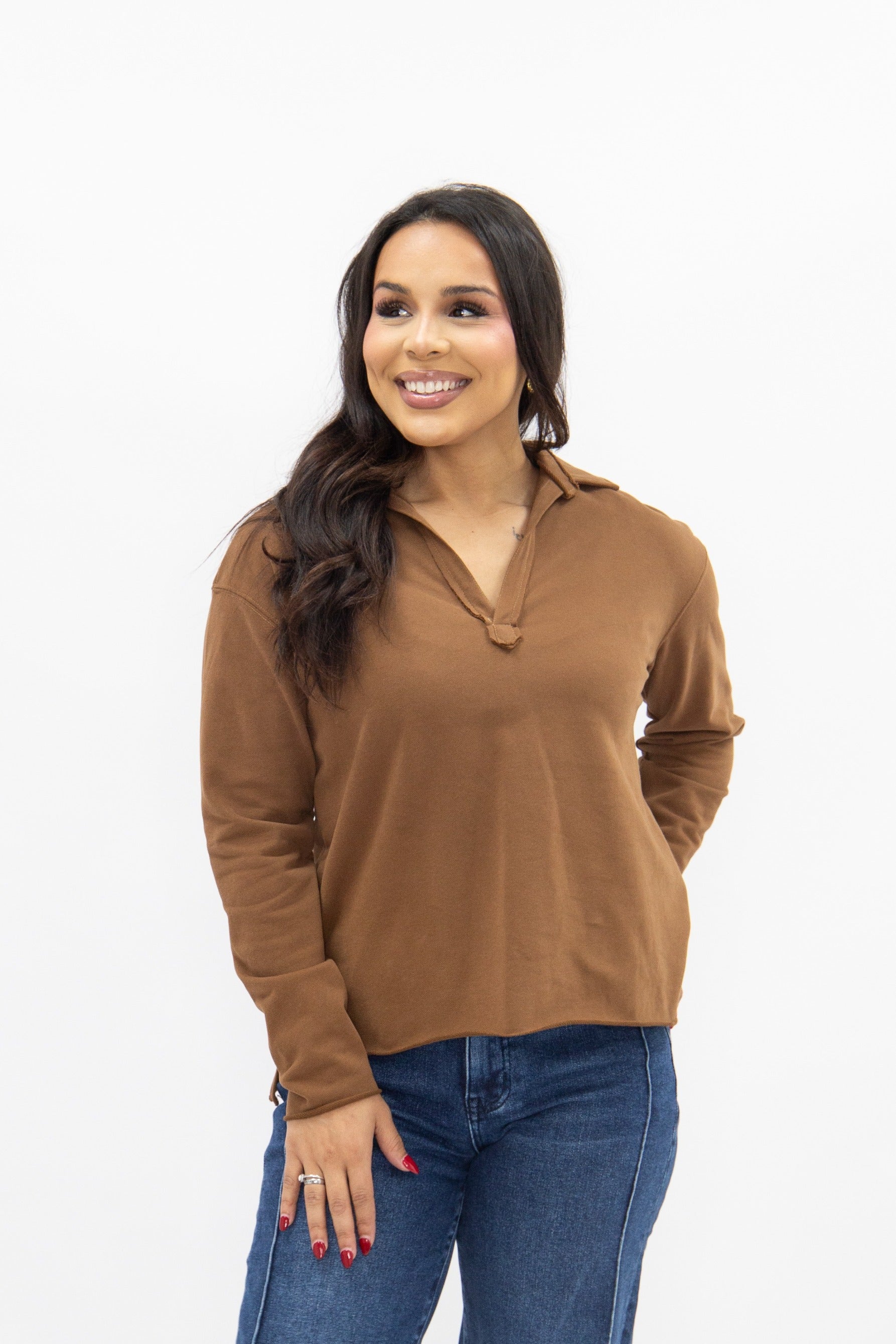 Women's Brown V-Neck Collared Pullover Top | Relaxed Fit | Long Sleeve | 87% Cotton