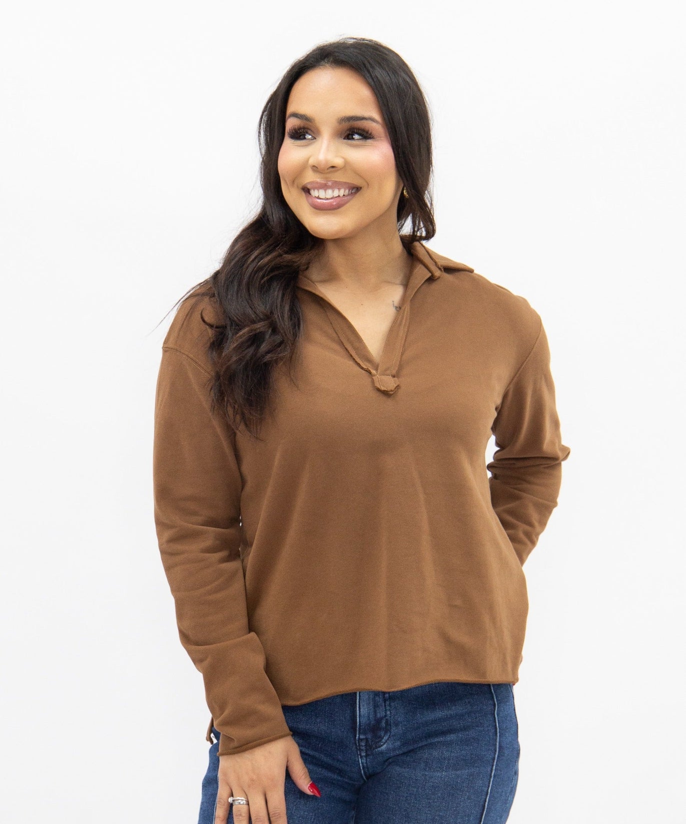 Women's Brown V-Neck Collared Pullover Top | Relaxed Fit | Long Sleeve | 87% Cotton