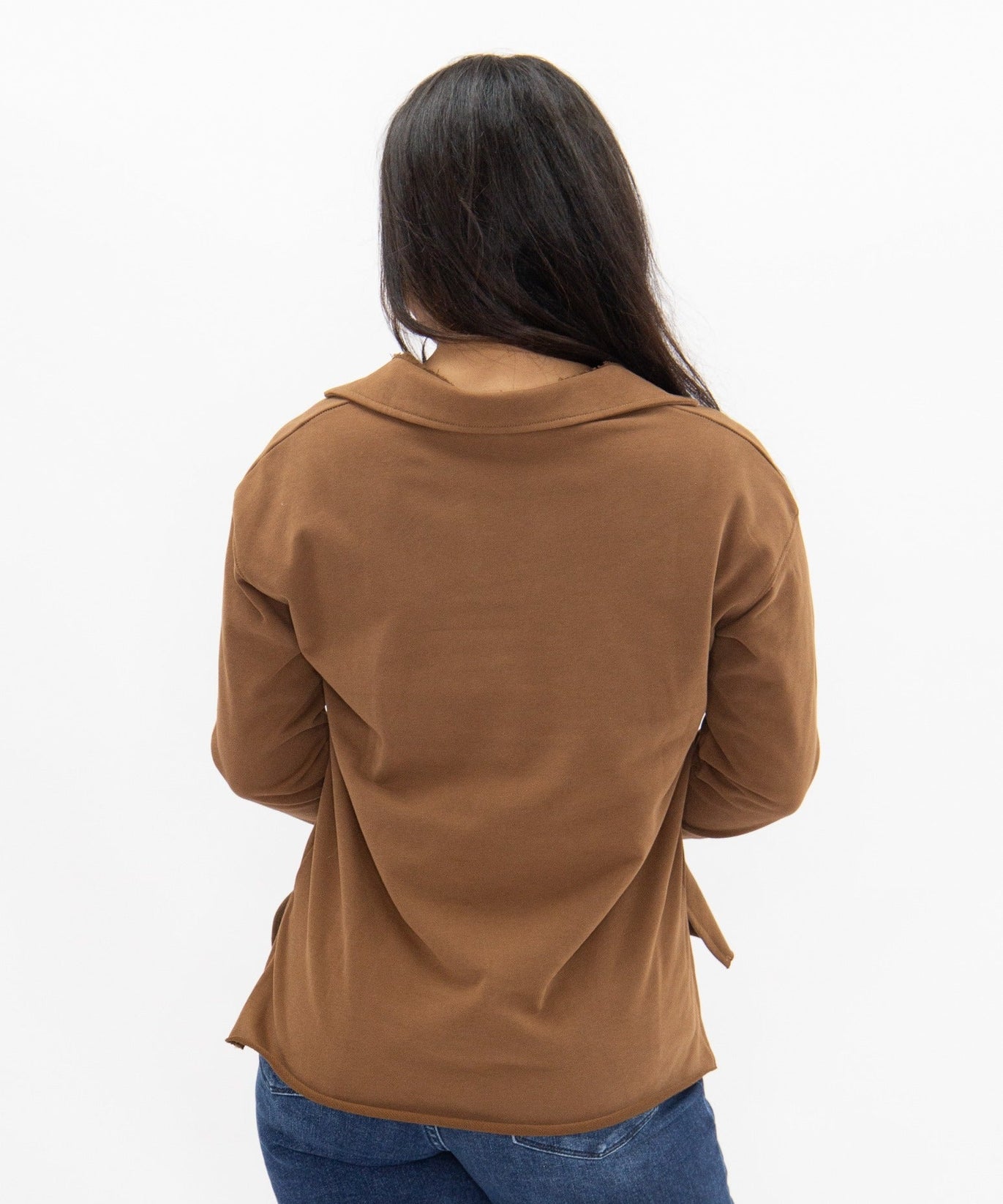 Women's Brown V-Neck Collared Pullover Top | Relaxed Fit | Long Sleeve | 87% Cotton