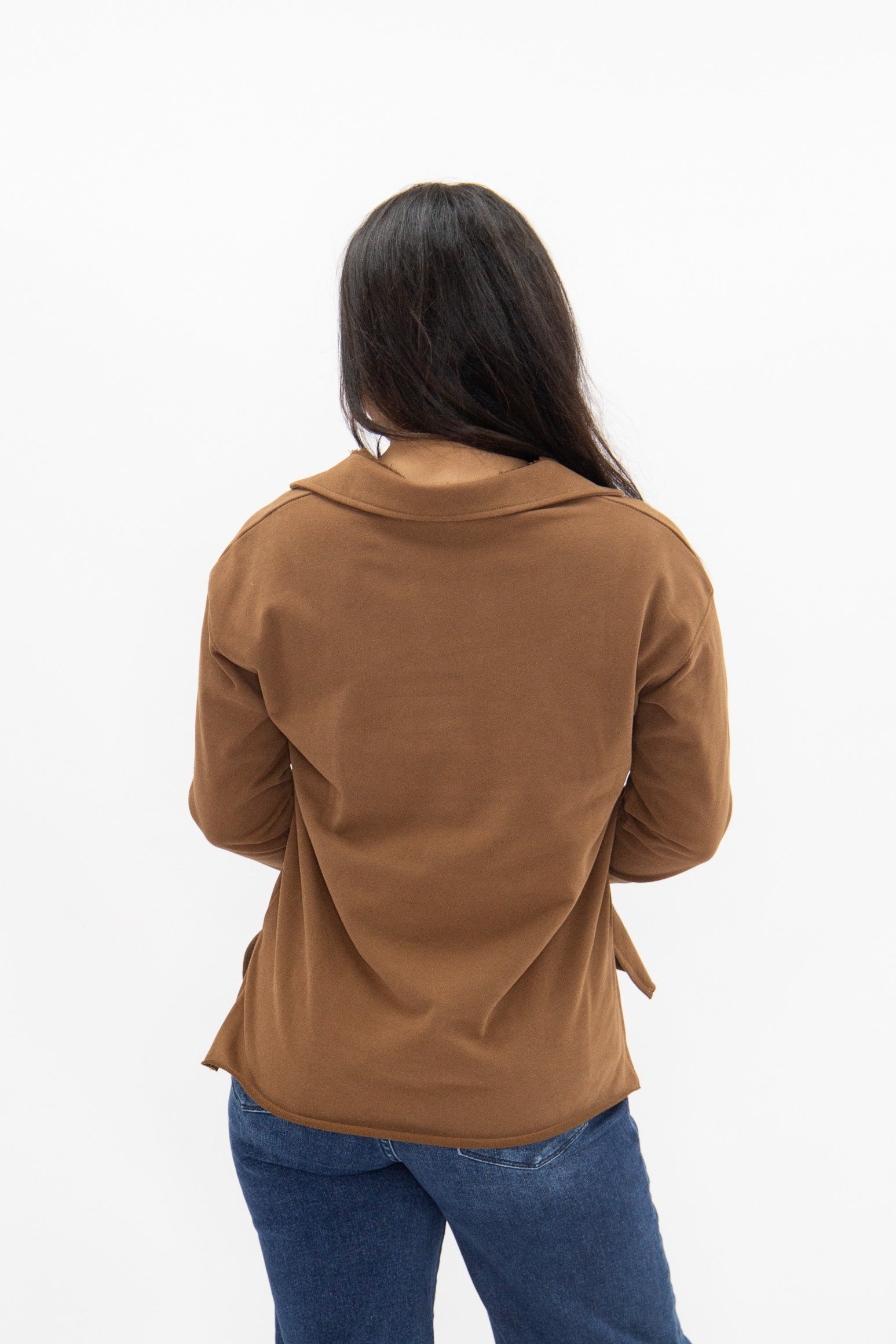 Women's Brown V-Neck Collared Pullover Top | Relaxed Fit | Long Sleeve | 87% Cotton