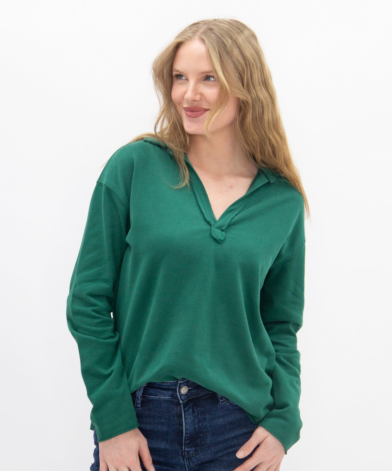 Women's Green V-Neck Collared Pullover Top | Relaxed Fit | Long Sleeve | 87% Cotton