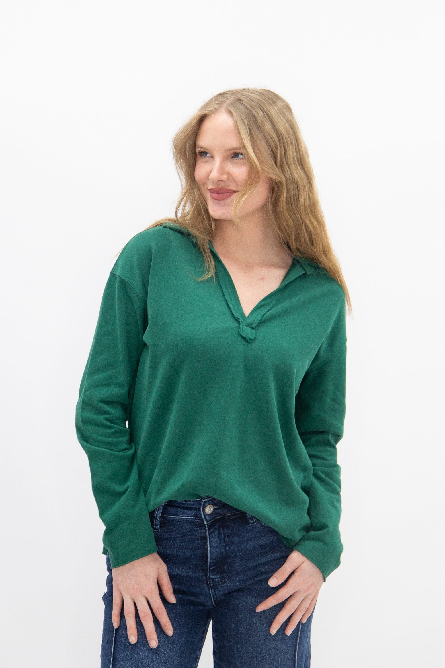 Women's Green V-Neck Collared Pullover Top | Relaxed Fit | Long Sleeve | 87% Cotton