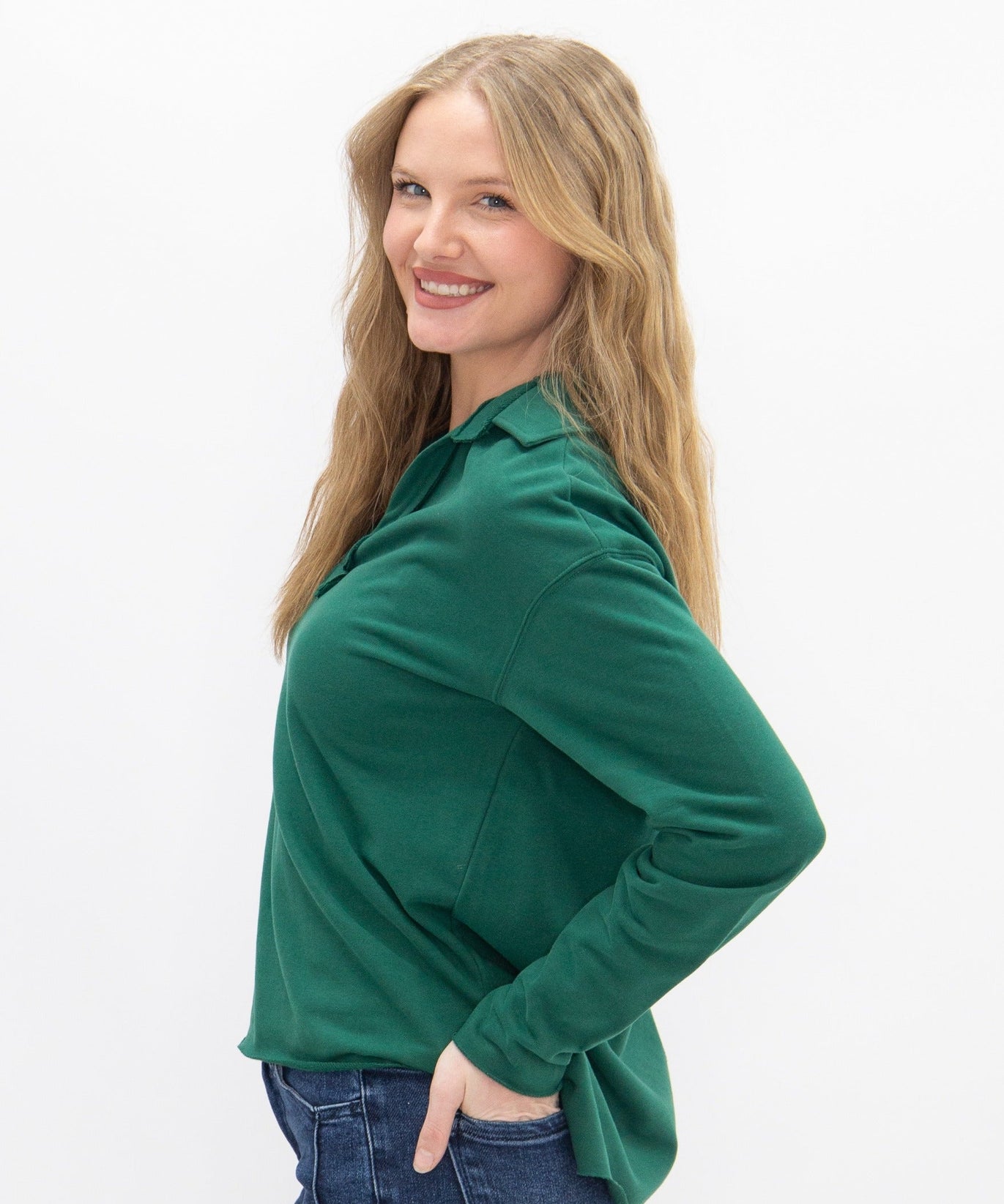 Women's Green V-Neck Collared Pullover Top | Relaxed Fit | Long Sleeve | 87% Cotton