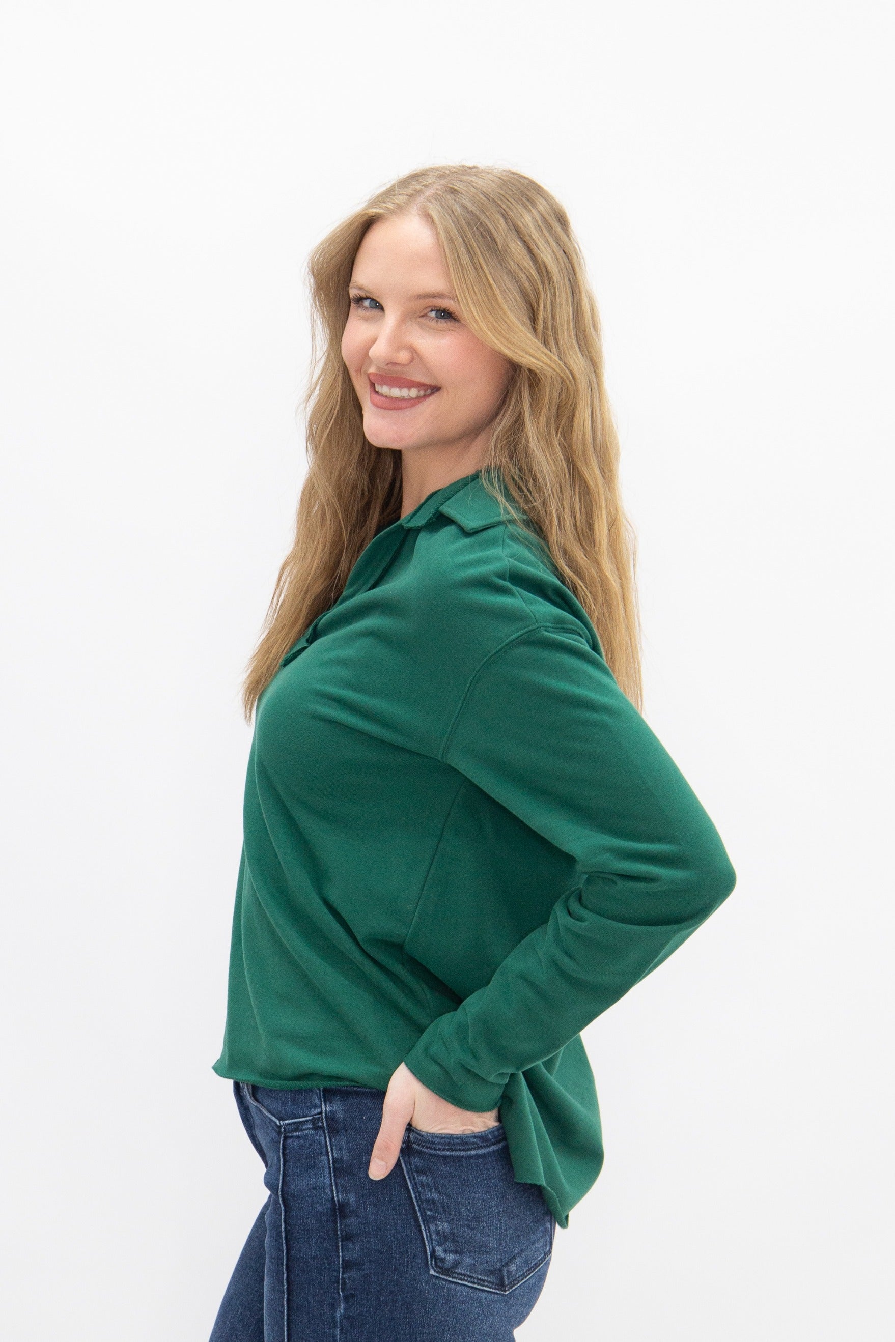 Women's Green V-Neck Collared Pullover Top | Relaxed Fit | Long Sleeve | 87% Cotton