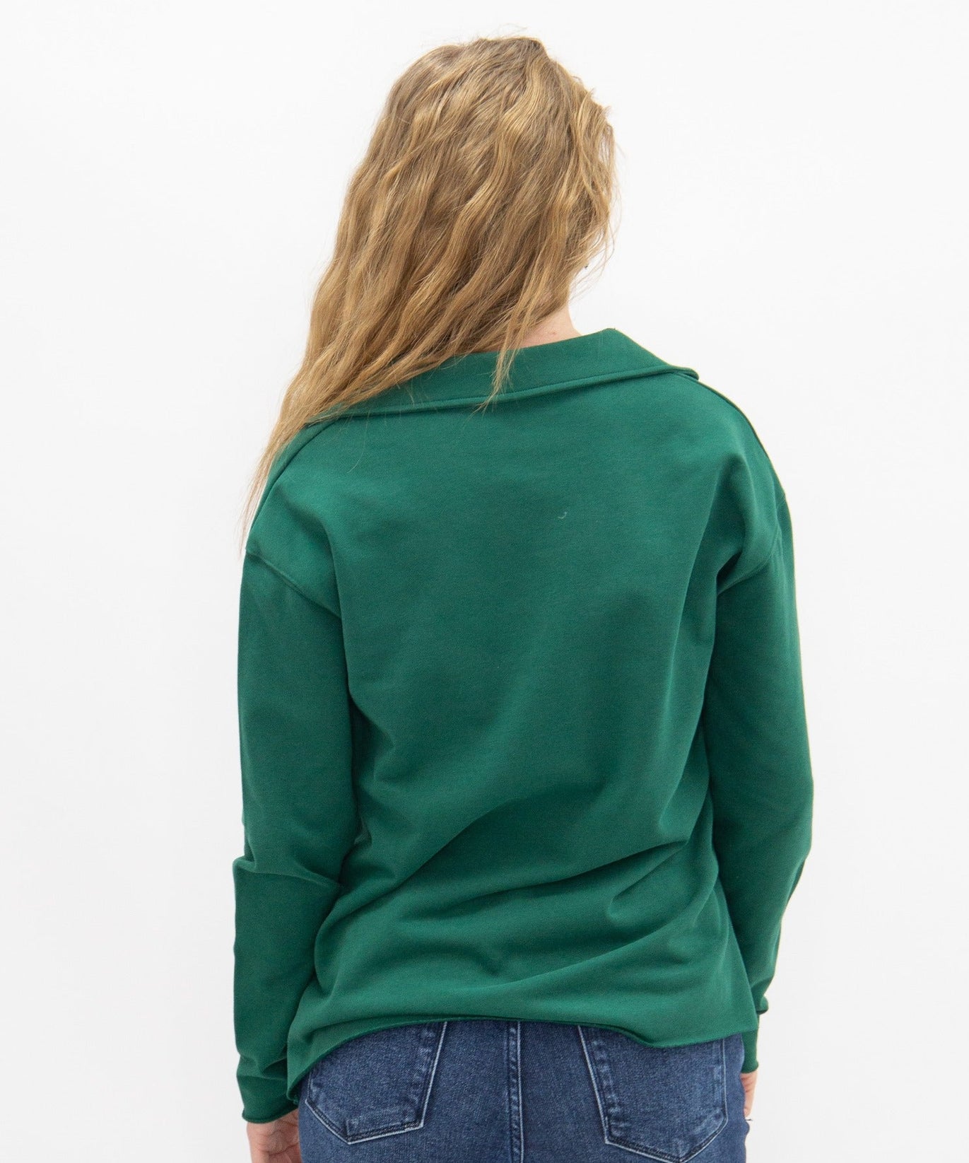 Women's Green V-Neck Collared Pullover Top | Relaxed Fit | Long Sleeve | 87% Cotton