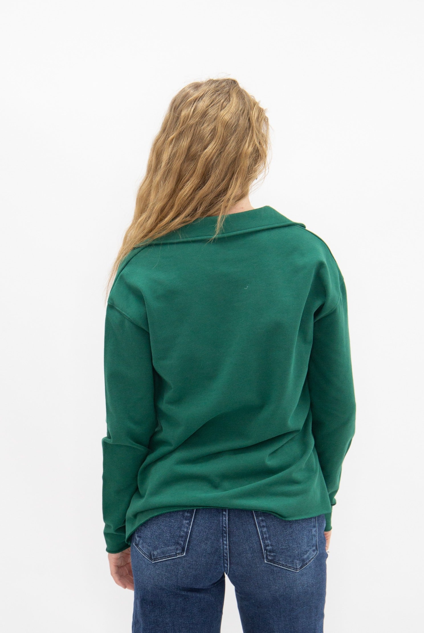 Women's Green V-Neck Collared Pullover Top | Relaxed Fit | Long Sleeve | 87% Cotton