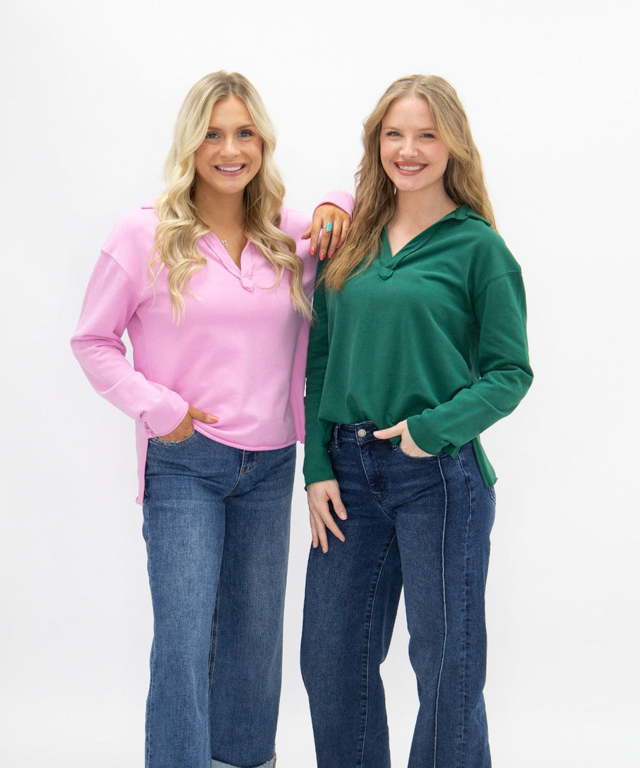 Women's Green V-Neck Collared Pullover Top | Relaxed Fit | Long Sleeve | 87% Cotton