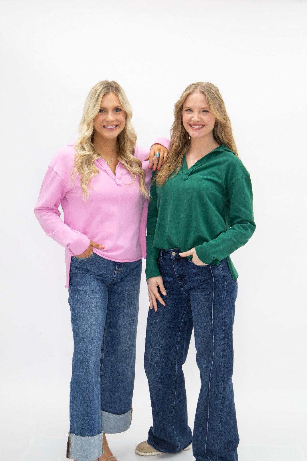 Women's Green V-Neck Collared Pullover Top | Relaxed Fit | Long Sleeve | 87% Cotton