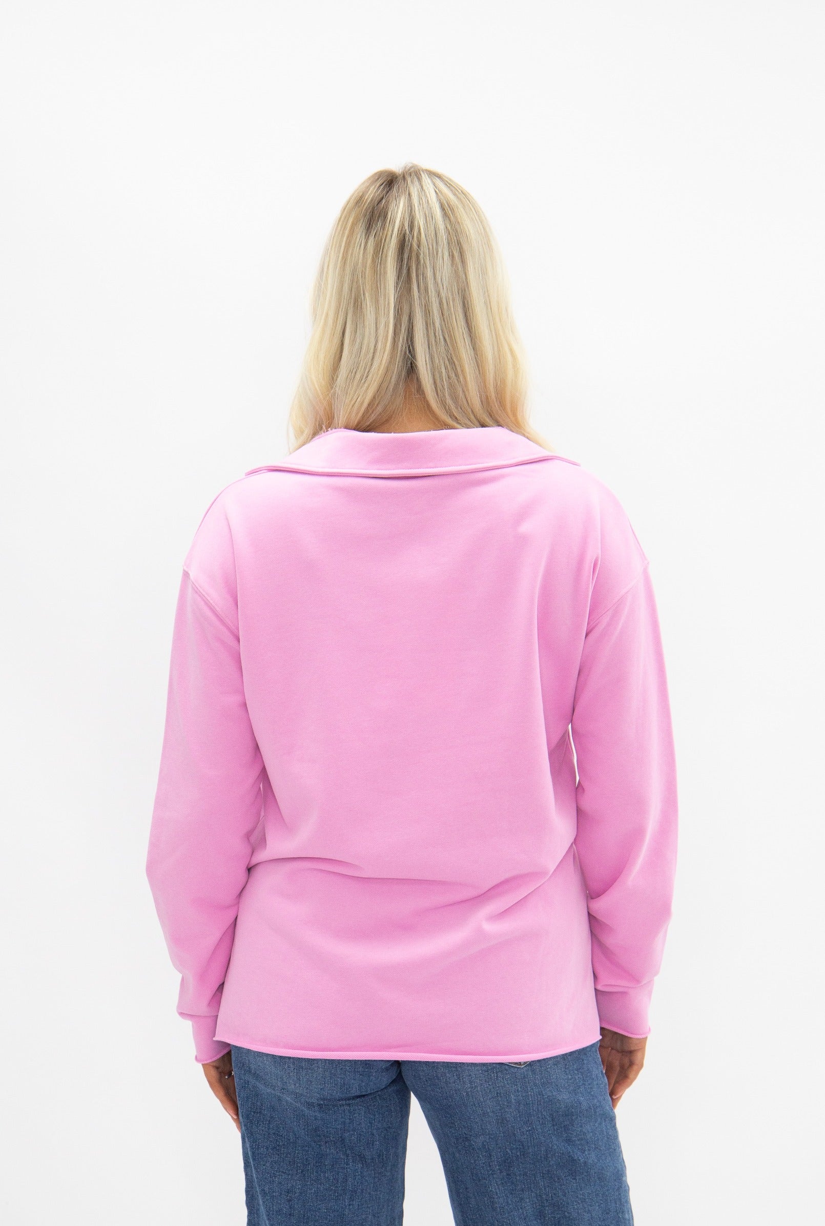 Women's V-Neck Collared Pullover Top | Relaxed Fit | High Stretch | Pink