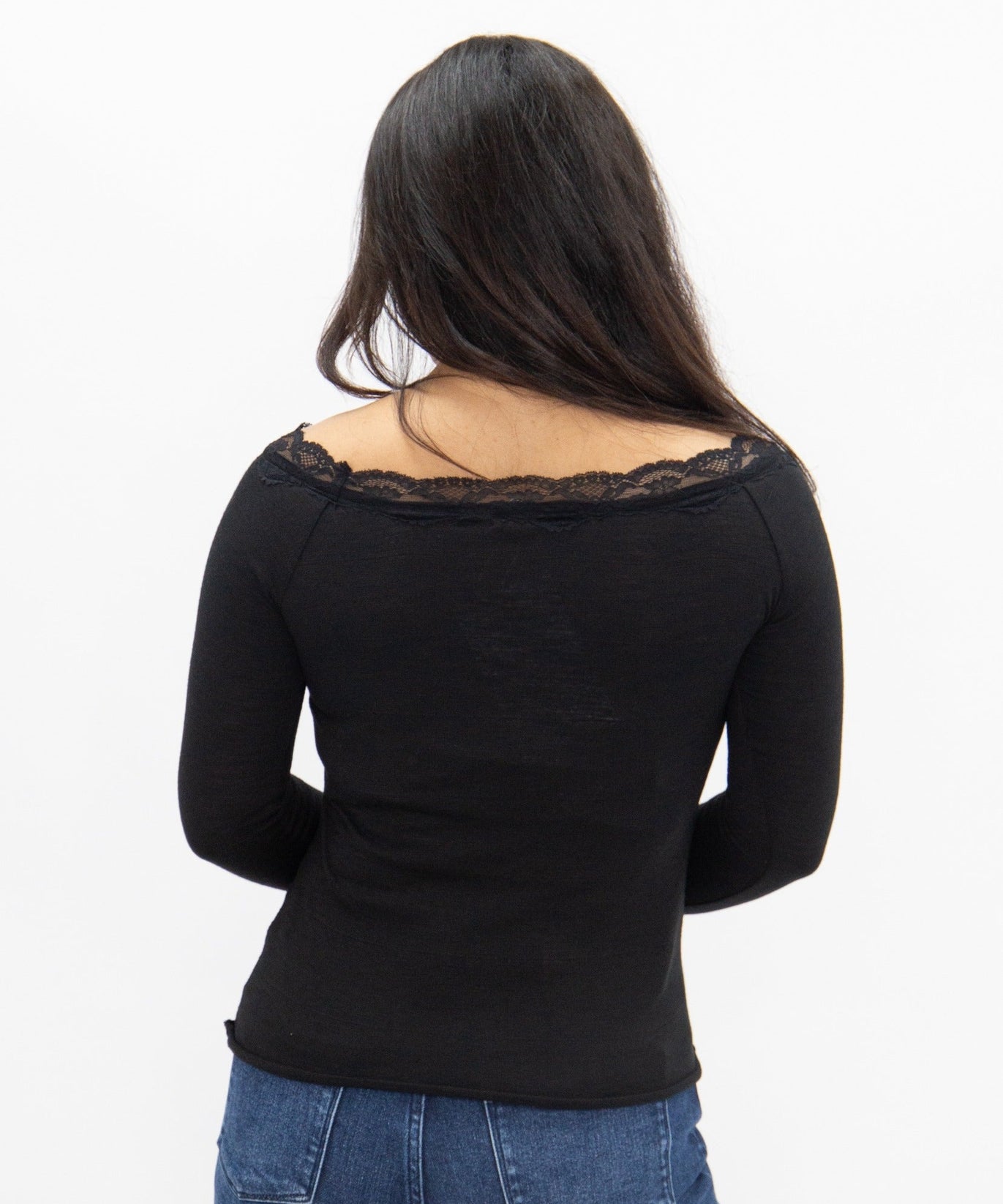 Women's Black Off-the-Shoulder Long Sleeve Top | Lace Trim | Fitted | High Stretch