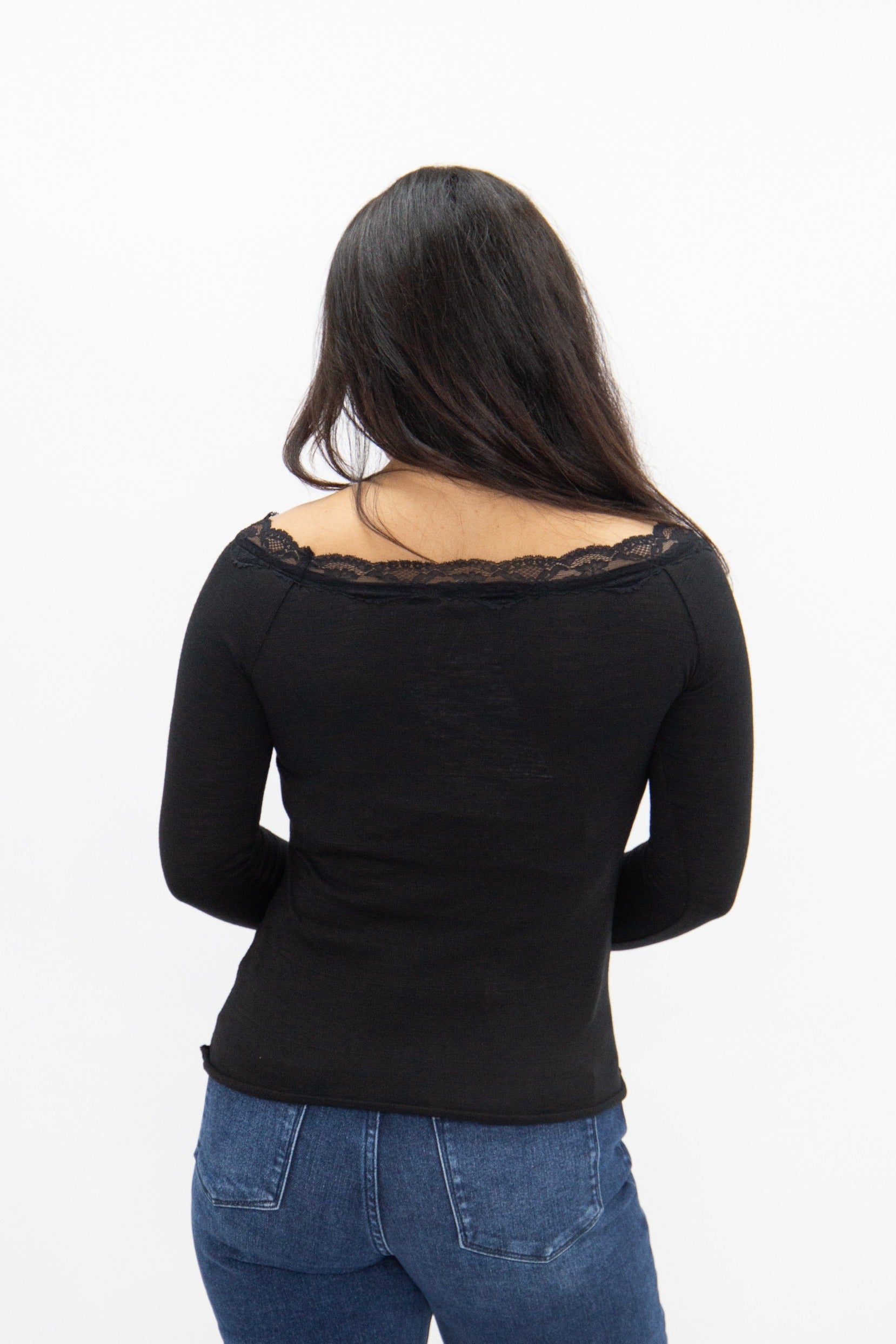 Women's Black Off-the-Shoulder Long Sleeve Top | Lace Trim | Fitted | High Stretch