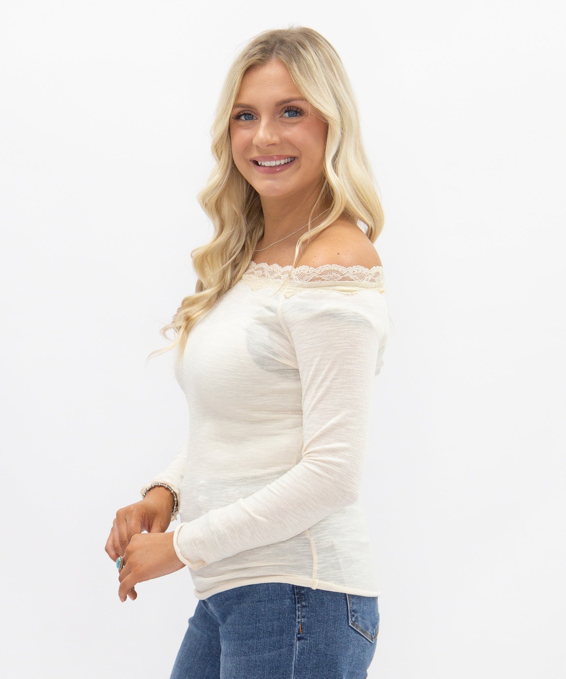Women's Ivory Off-the-Shoulder Long Sleeve Top | Lace Trim | Fitted | High Stretch