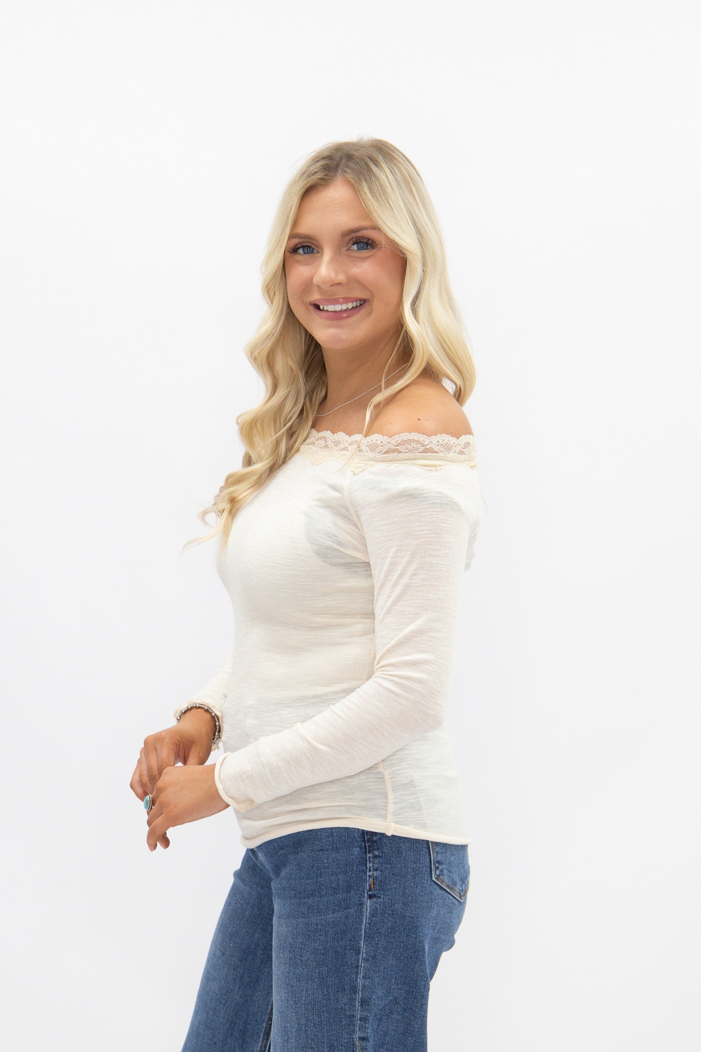 Women's Ivory Off-the-Shoulder Long Sleeve Top | Lace Trim | Fitted | High Stretch