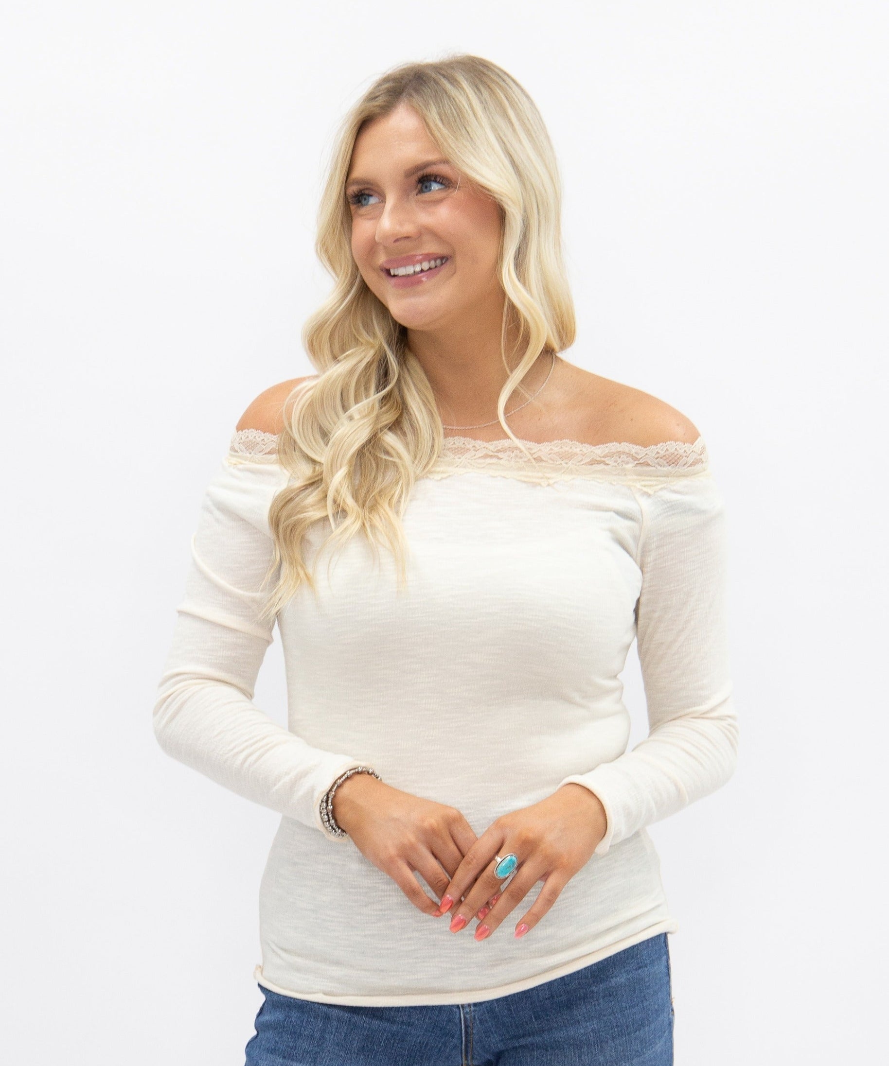 Women's Ivory Off-the-Shoulder Long Sleeve Top | Lace Trim | Fitted | High Stretch