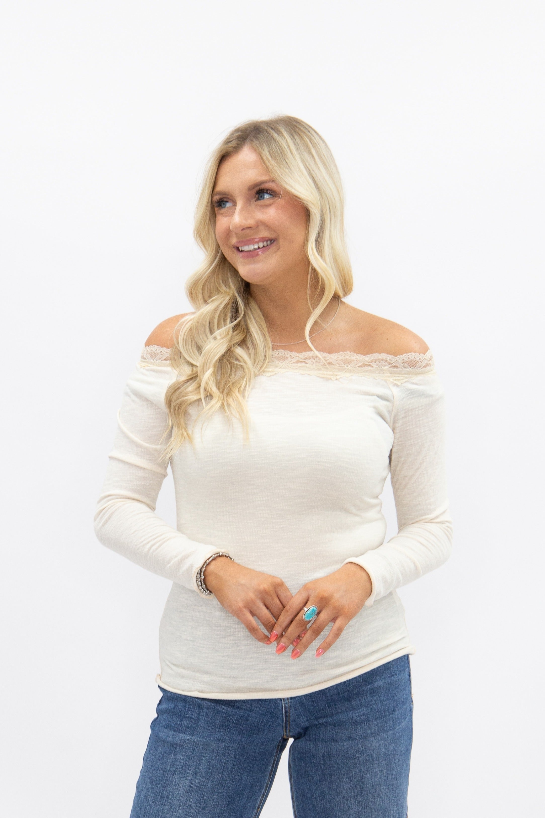 Women's Ivory Off-the-Shoulder Long Sleeve Top | Lace Trim | Fitted | High Stretch
