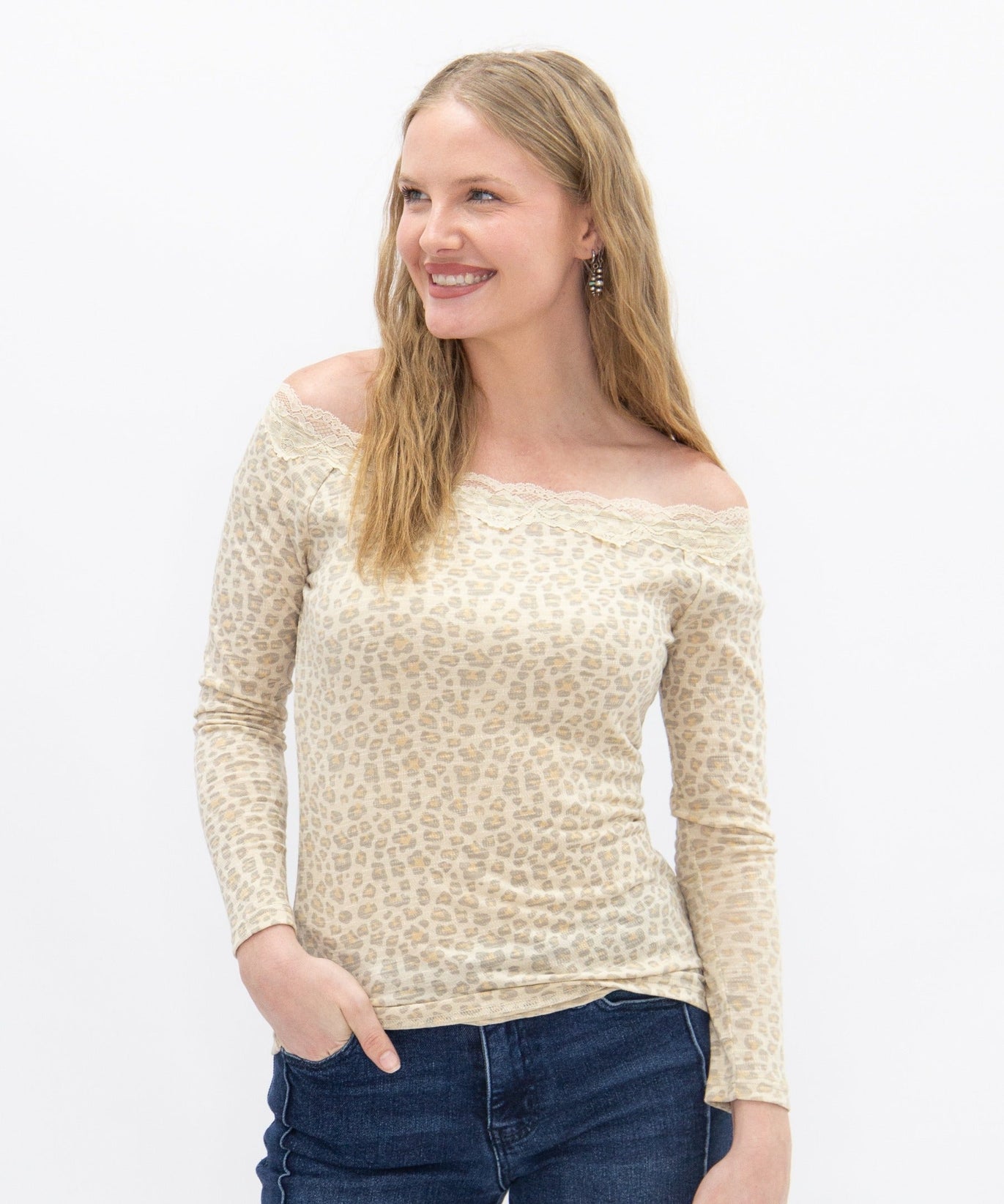 Women's Leopard Print Off-the-Shoulder Long Sleeve Top | Lace Trim | Fitted | High Stretch