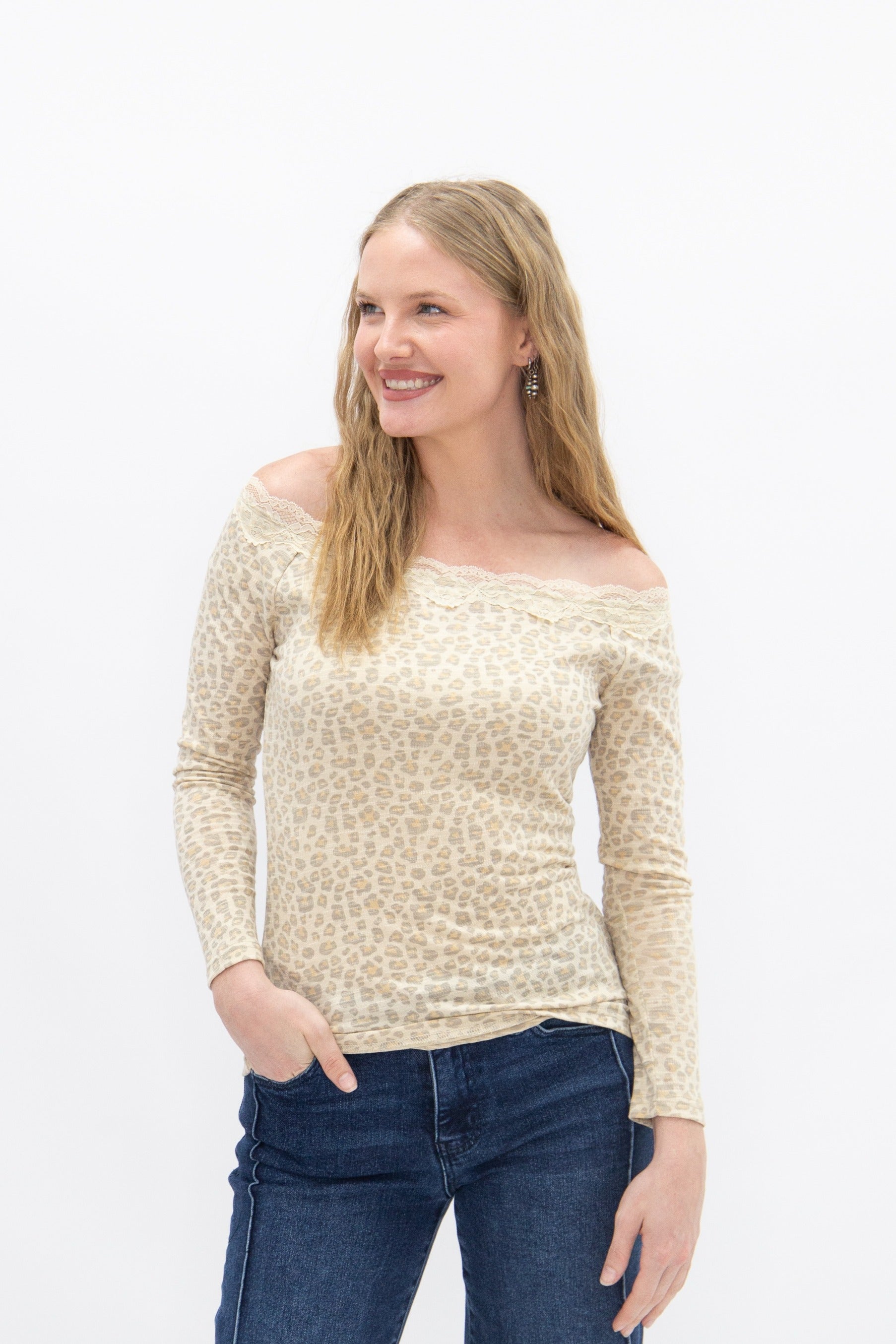 Women's Leopard Print Off-the-Shoulder Long Sleeve Top | Lace Trim | Fitted | High Stretch