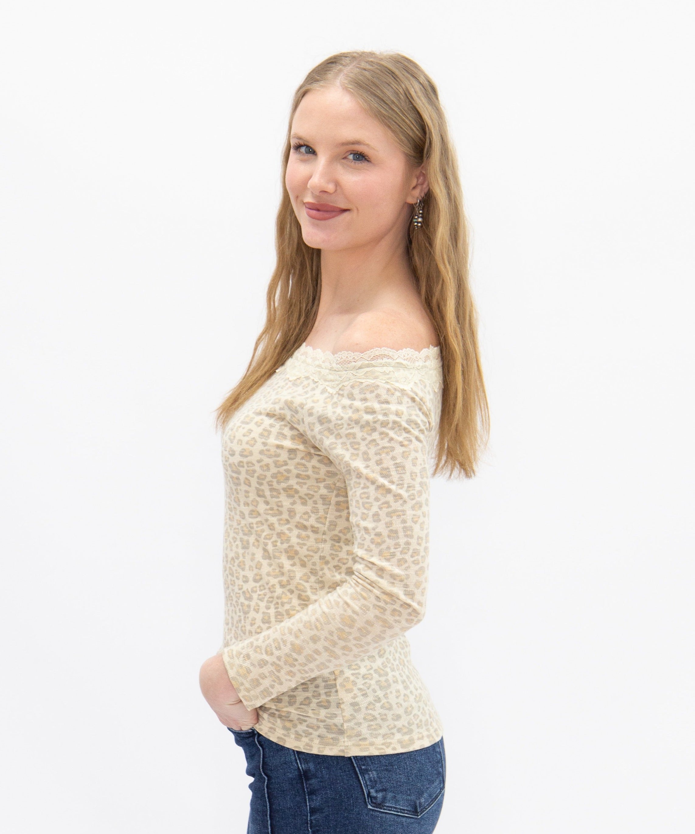 Women's Leopard Print Off-the-Shoulder Long Sleeve Top | Lace Trim | Fitted | High Stretch