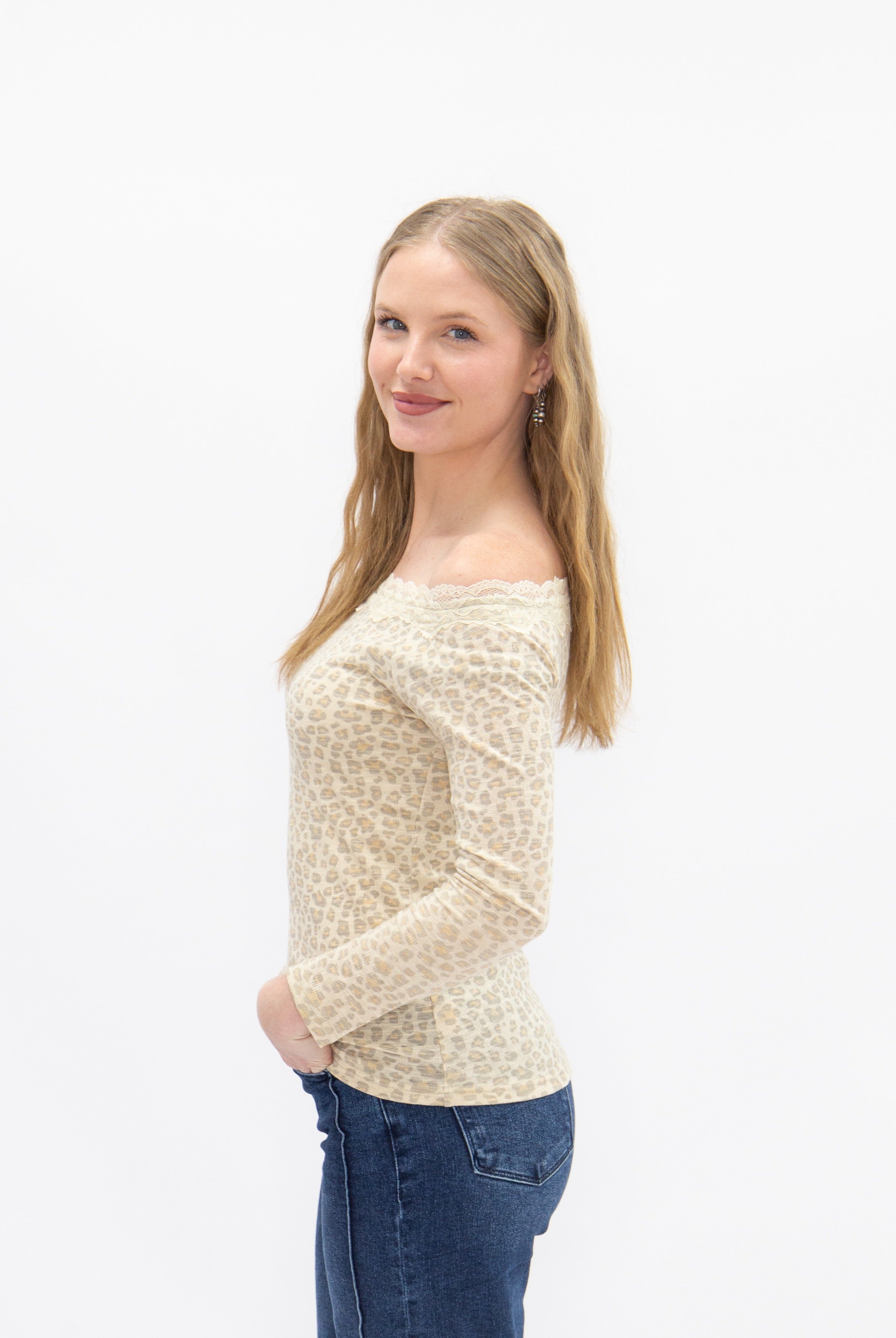 Women's Leopard Print Off-the-Shoulder Long Sleeve Top | Lace Trim | Fitted | High Stretch