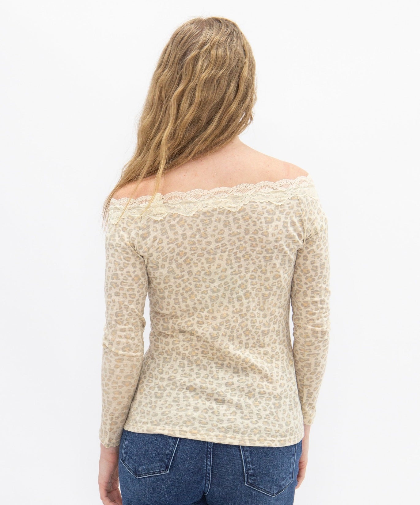 Women's Leopard Print Off-the-Shoulder Long Sleeve Top | Lace Trim | Fitted | High Stretch