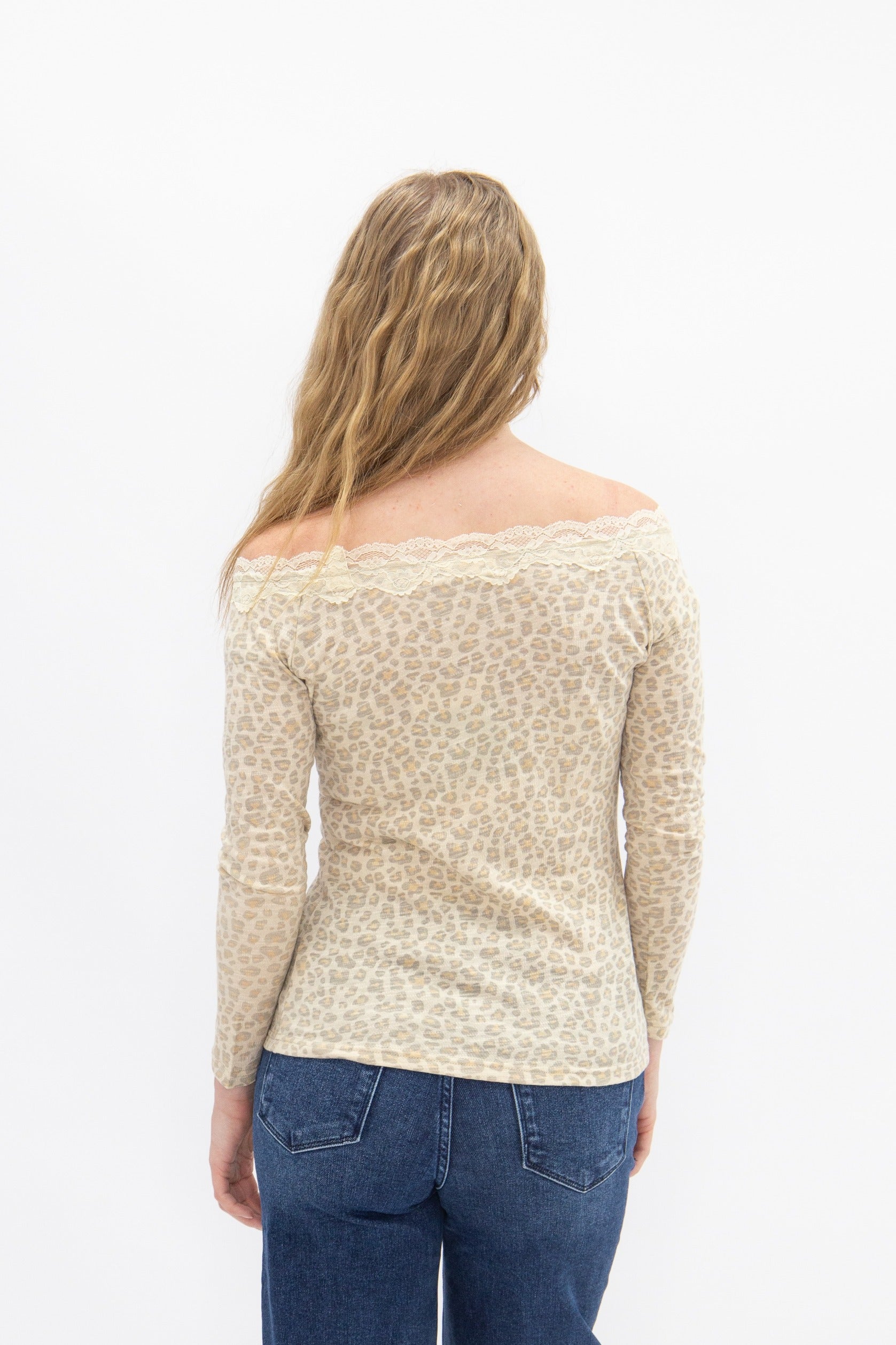 Women's Leopard Print Off-the-Shoulder Long Sleeve Top | Lace Trim | Fitted | High Stretch
