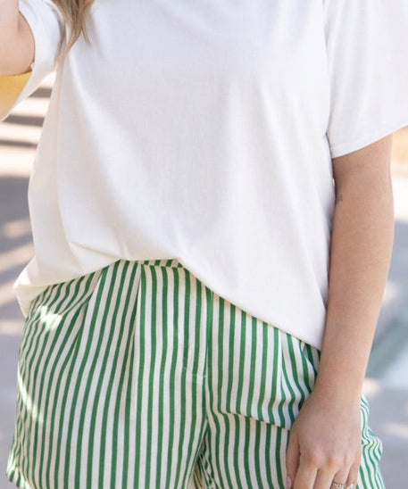 Women's Striped Trouser Shorts – High-Rise, Pleated & Comfortable Fit, Green & White