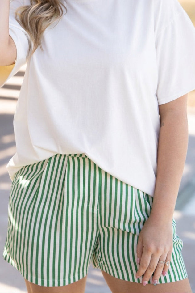Women's Striped Trouser Shorts – High-Rise, Pleated & Comfortable Fit, Green & White